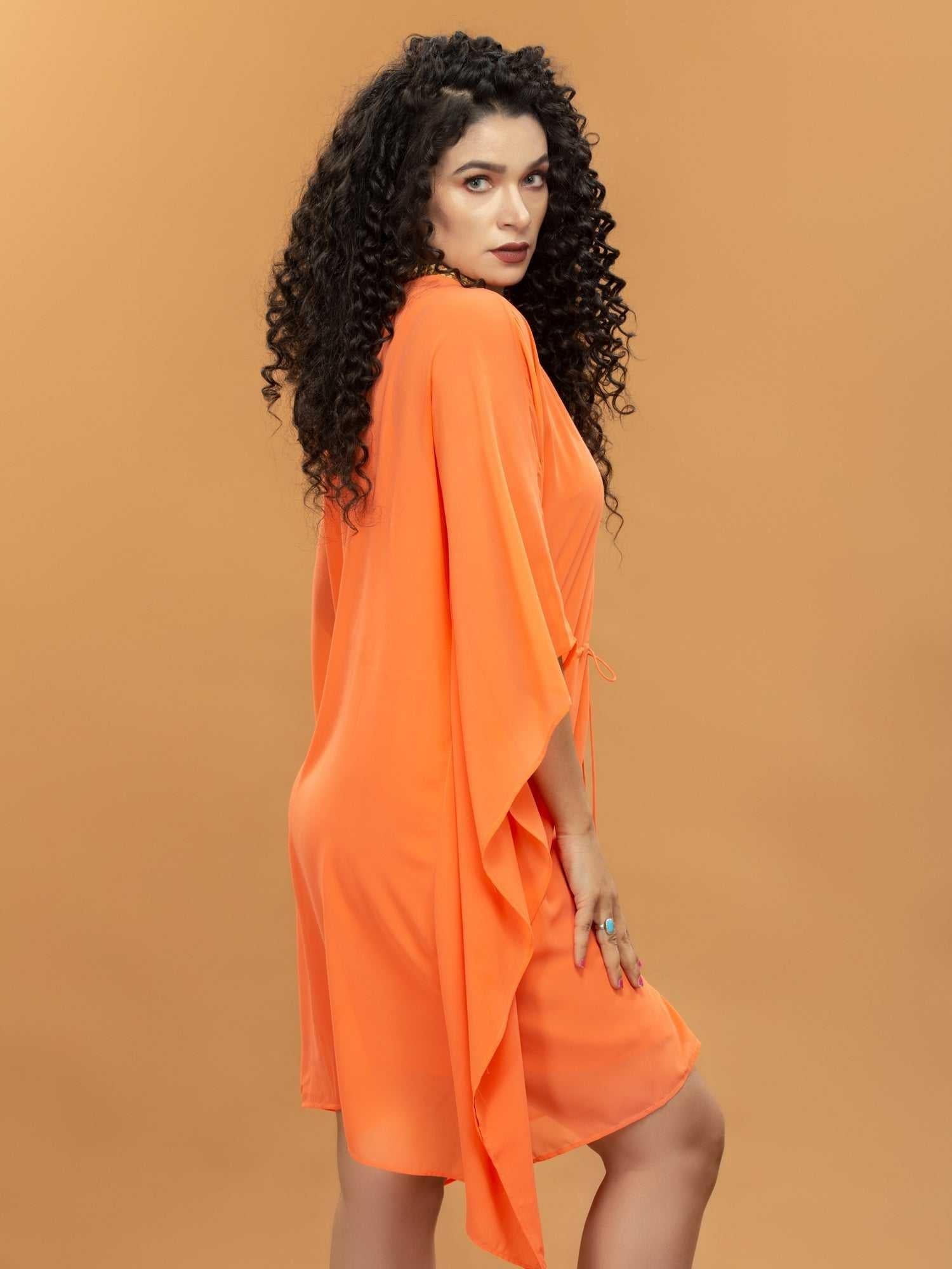 gold embroidered orange kaftan dress