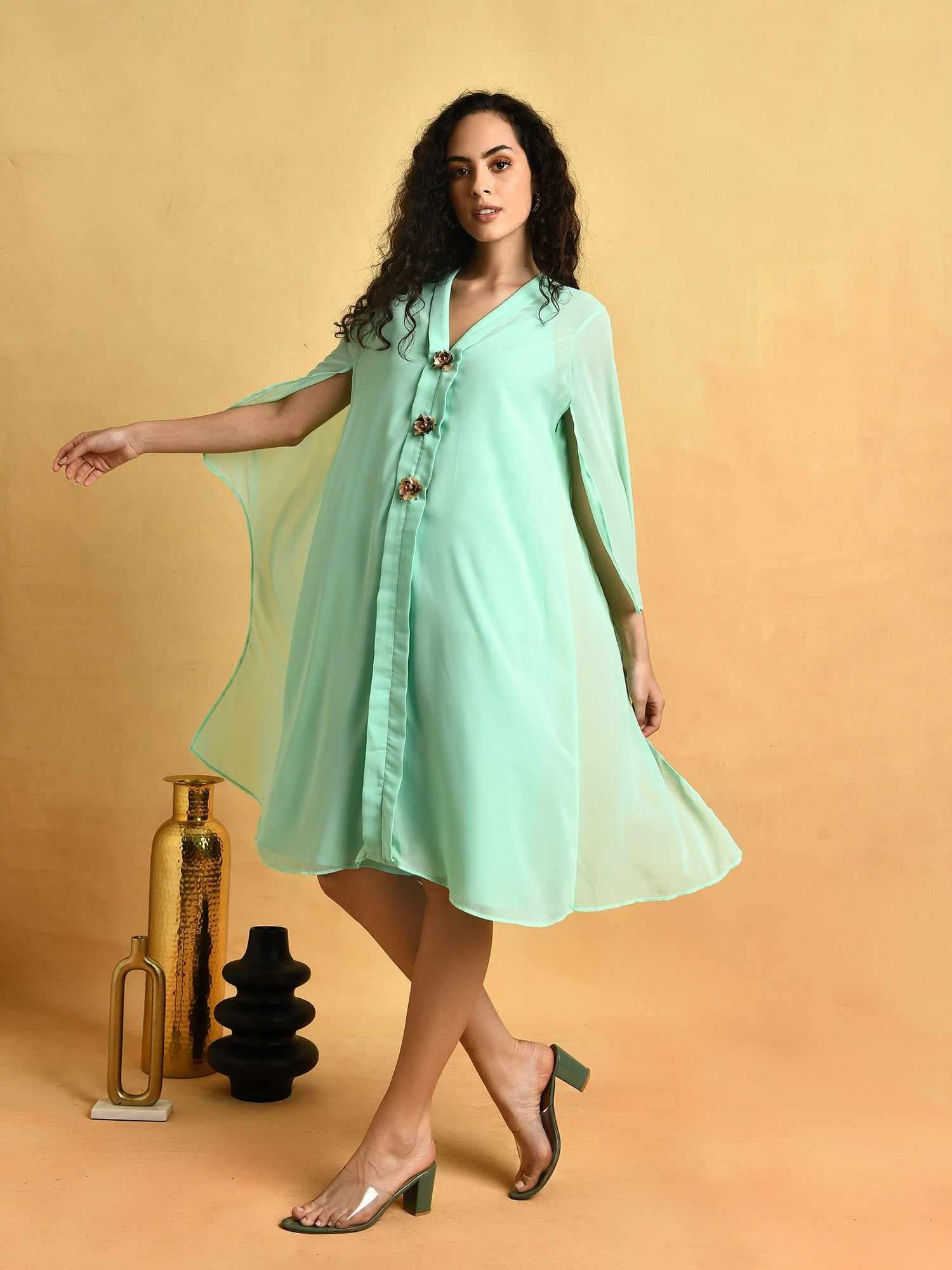 Pastel Green Dress With Placket Embellishment