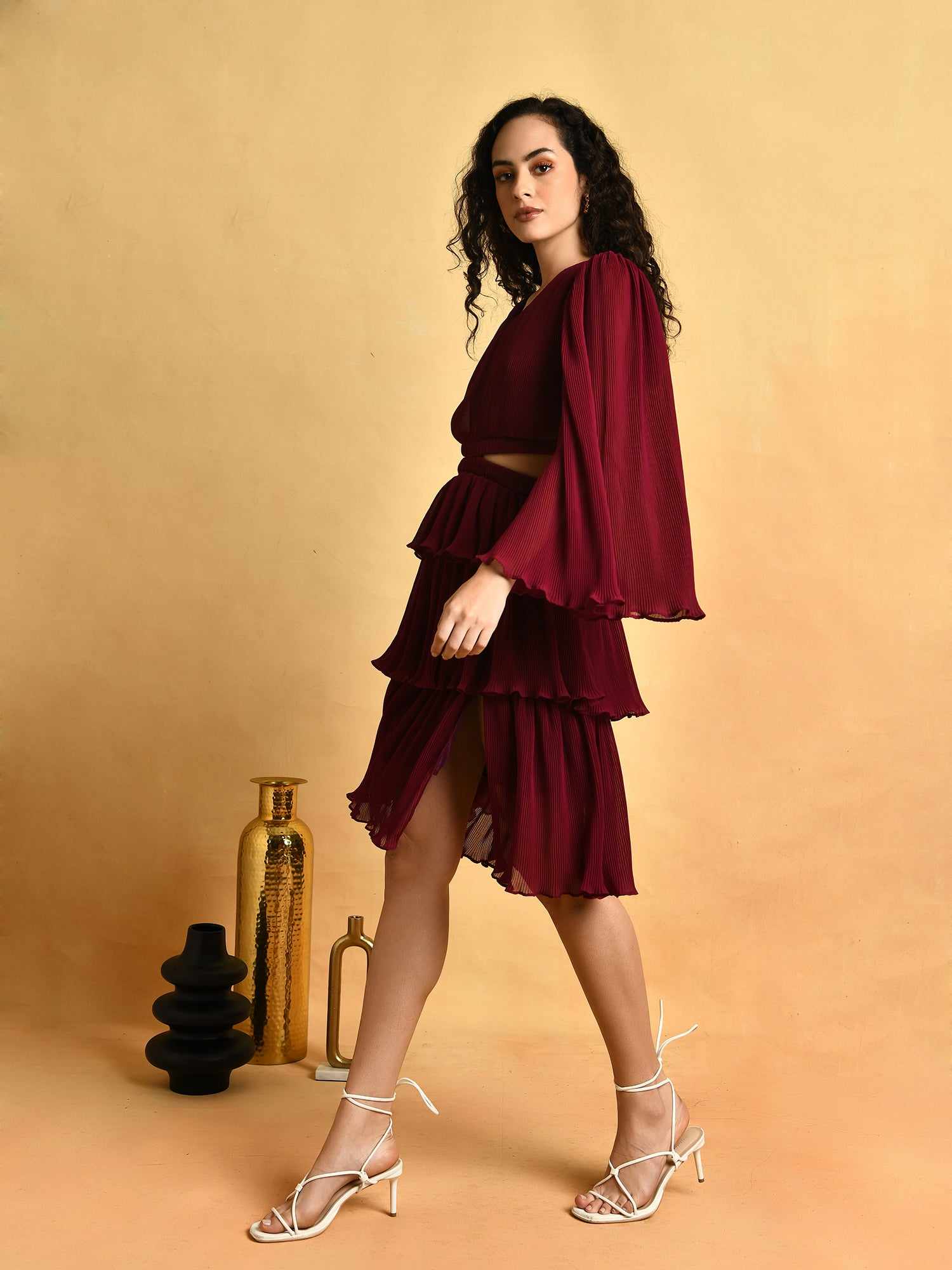 plum georgette pleated mini dress