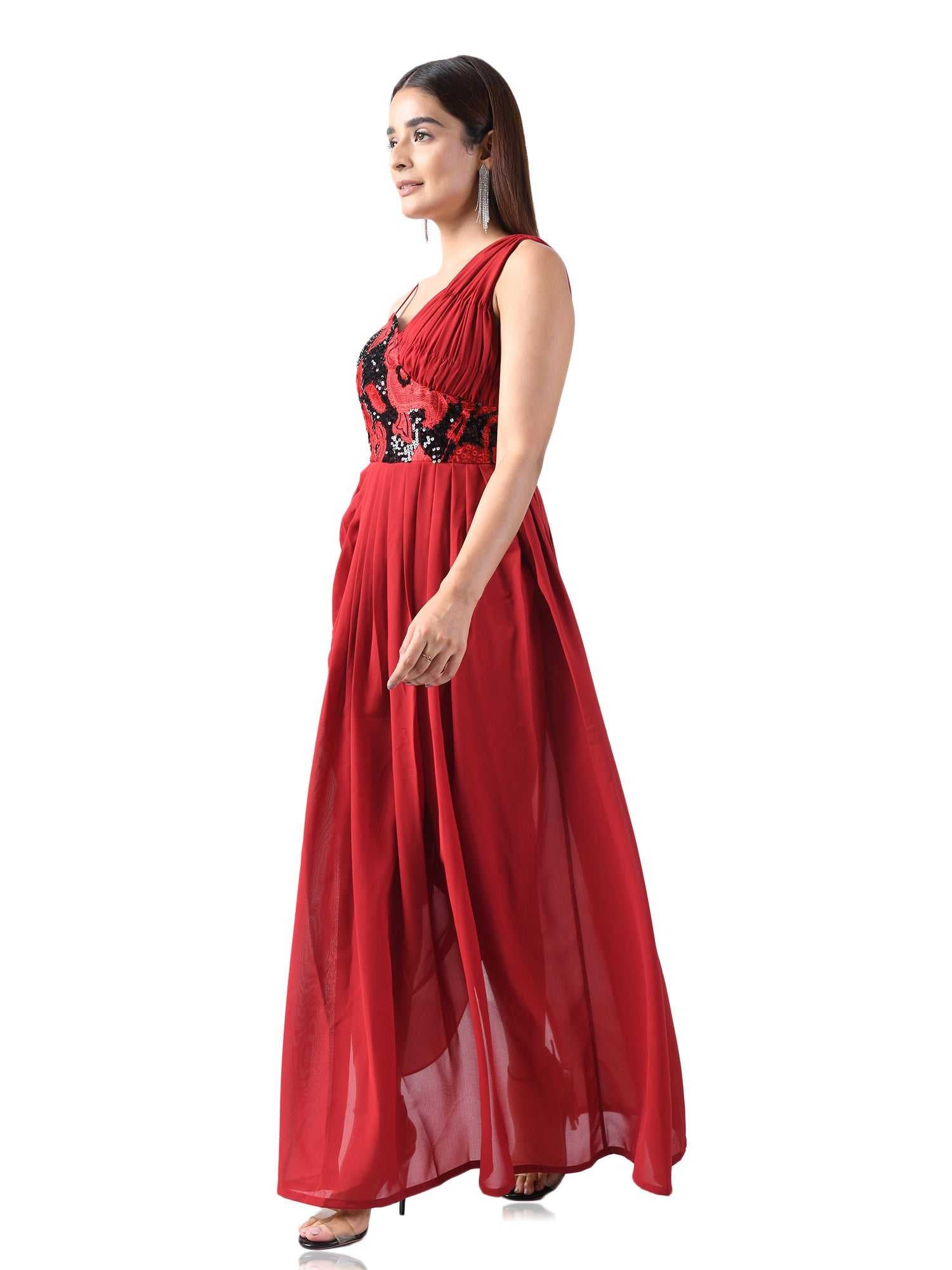 paola embroired corset red draped dress