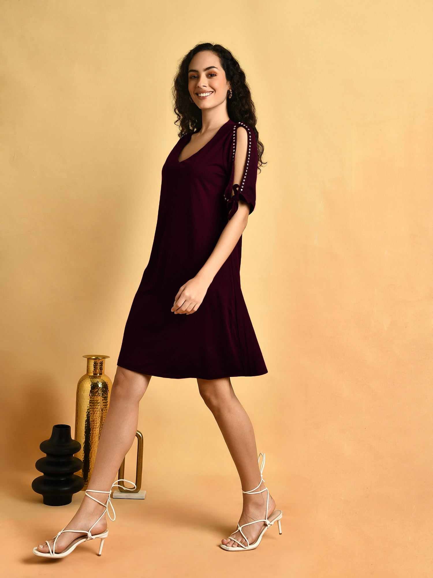 solid wine regular fit dress