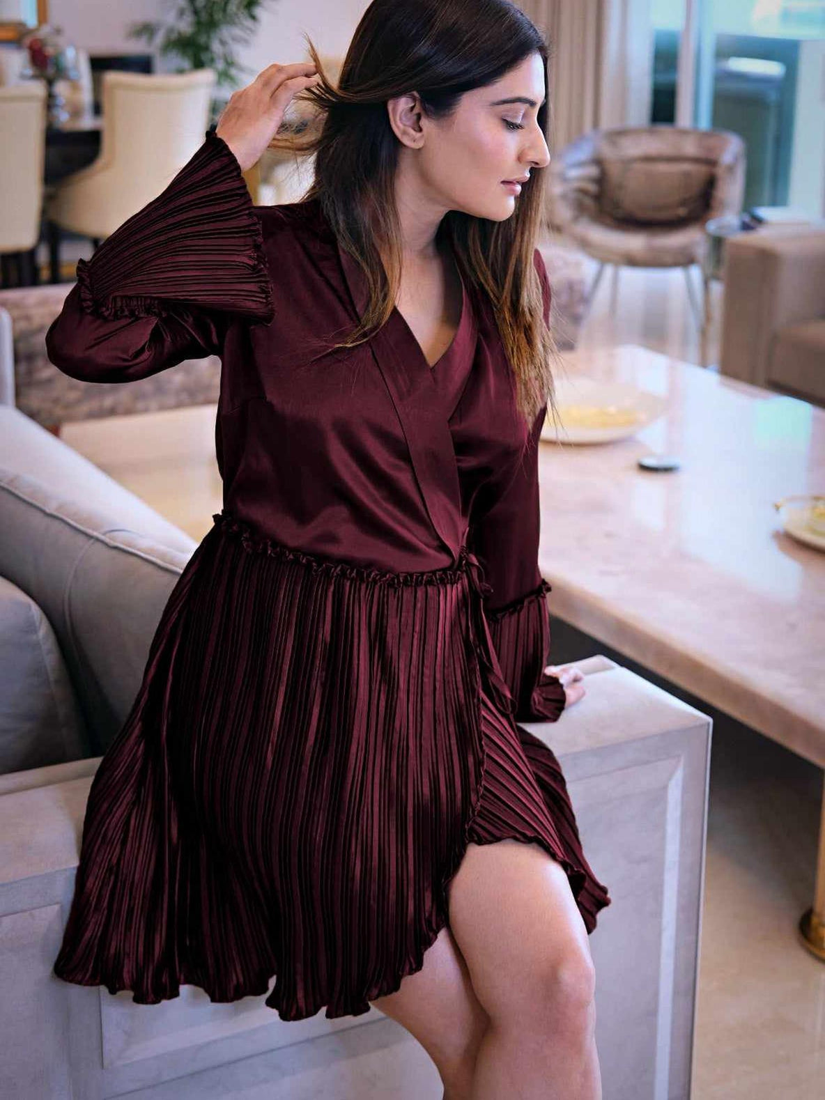 pleated wrap wine dress
