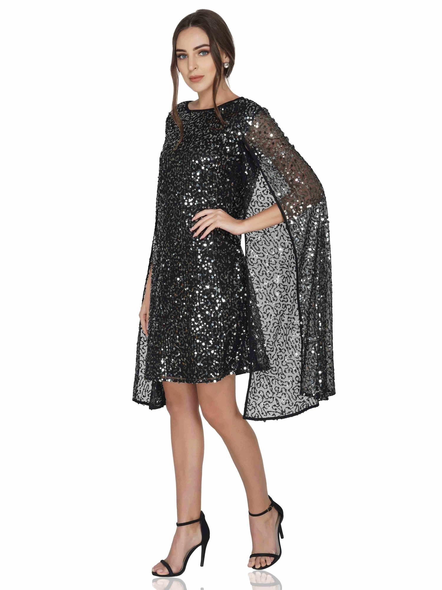 Cape Style Long Sleeve Sequin Dress
