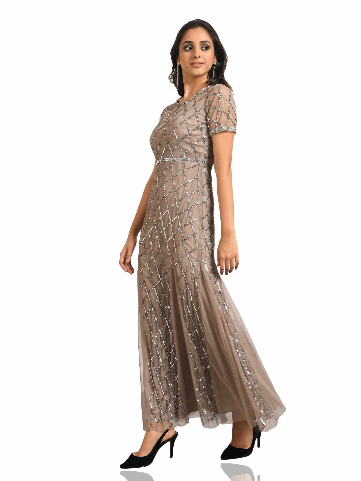 embellished beige tulle gown