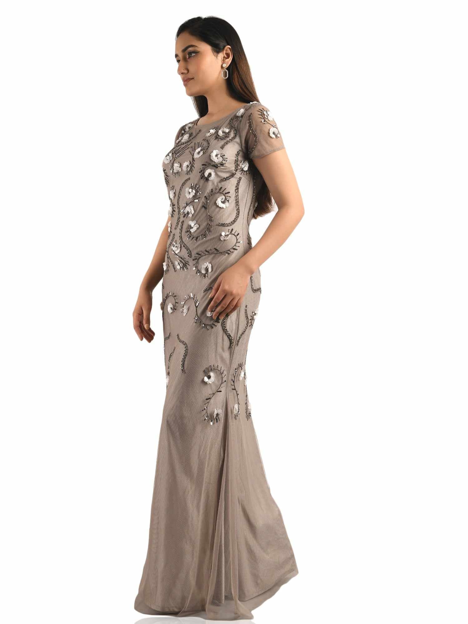 embellished short sleeve gown