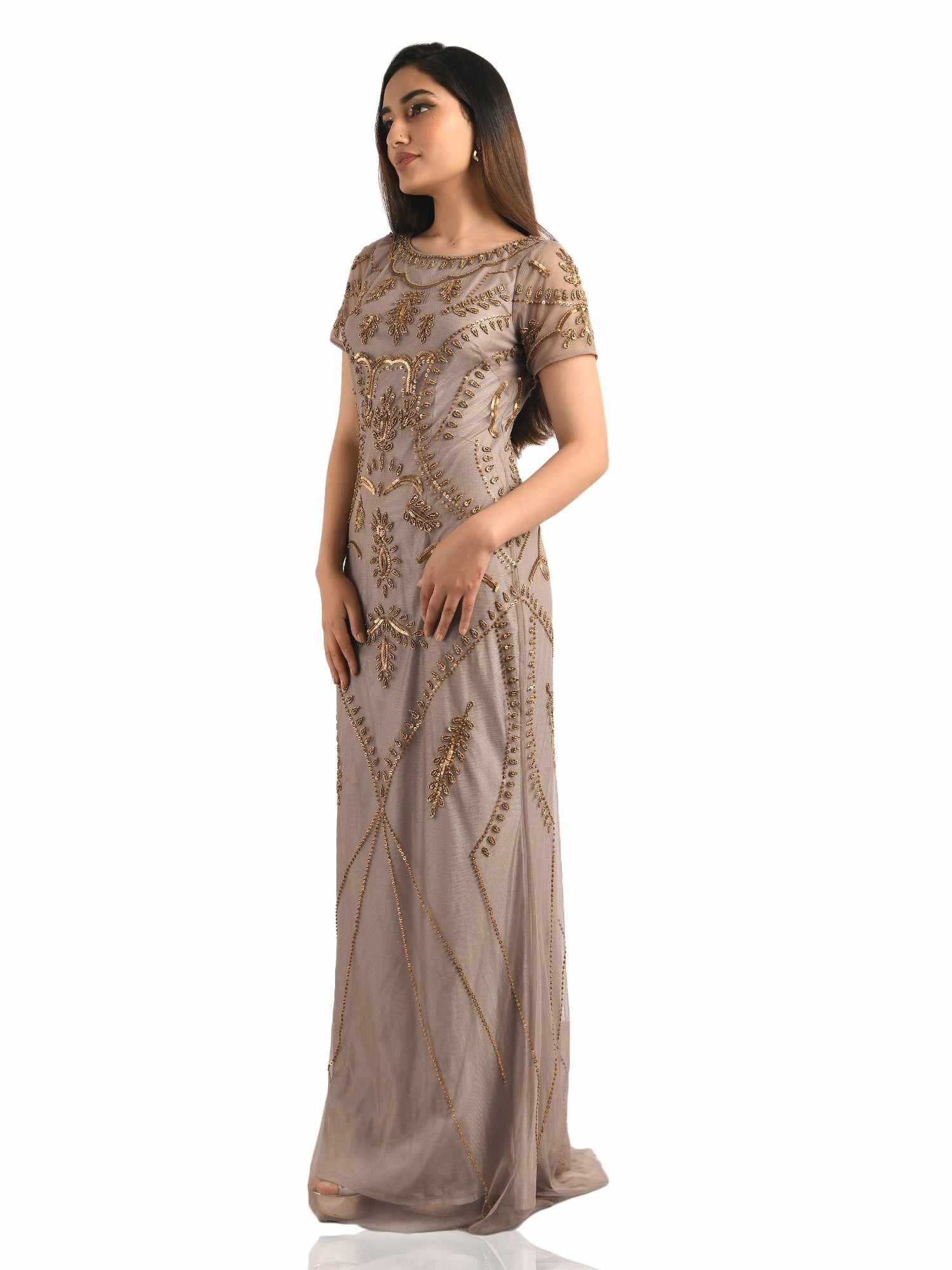 beige on gold embellished gown