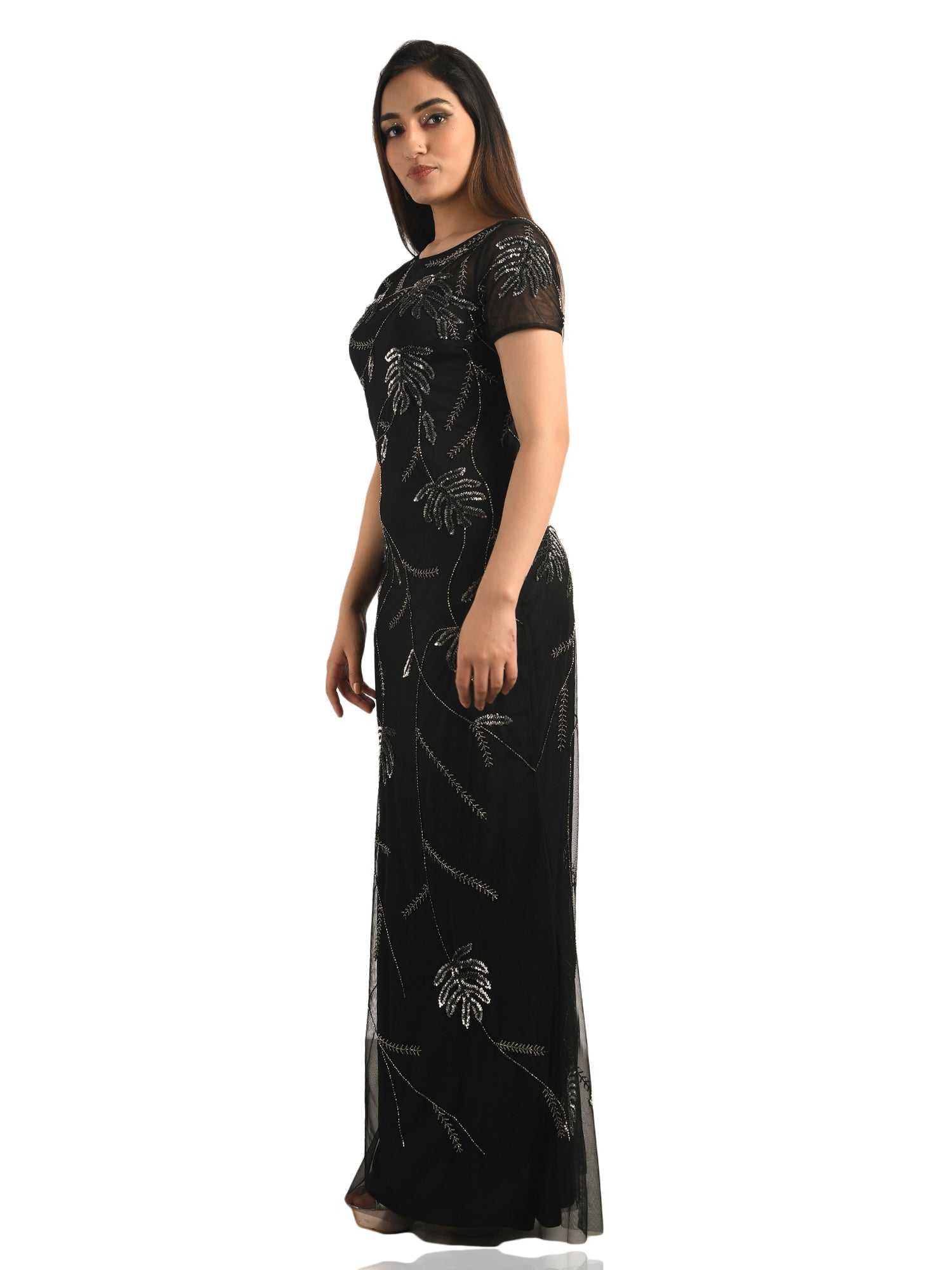 all over leaf black gown
