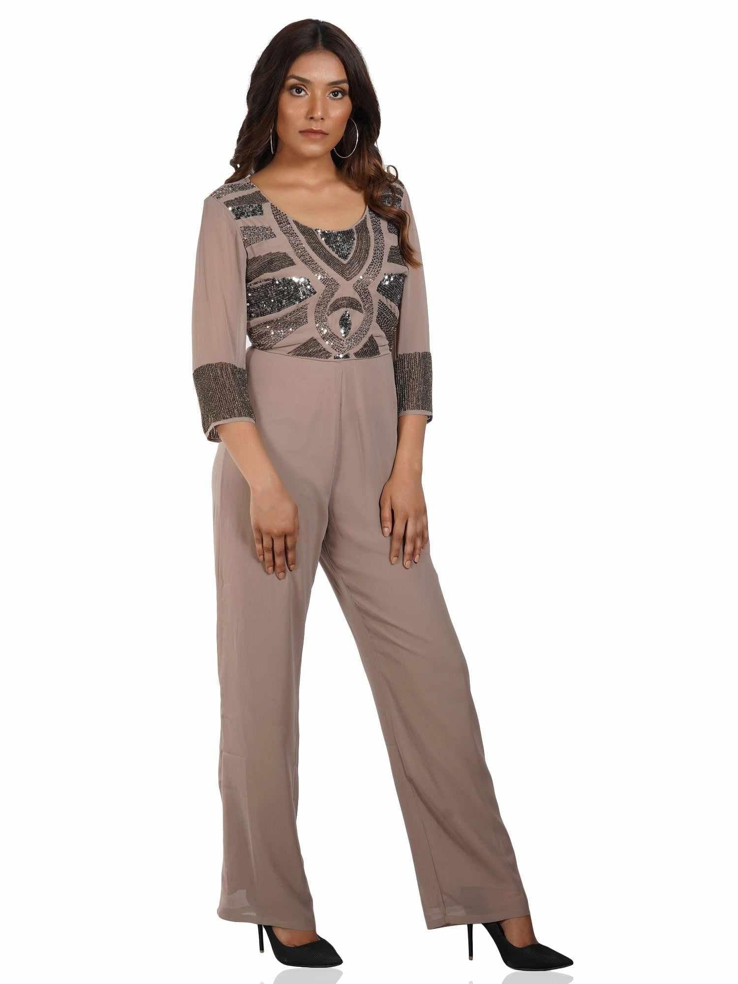 Limelight Stealing Beige Georgette Embroidered Jumpsuit