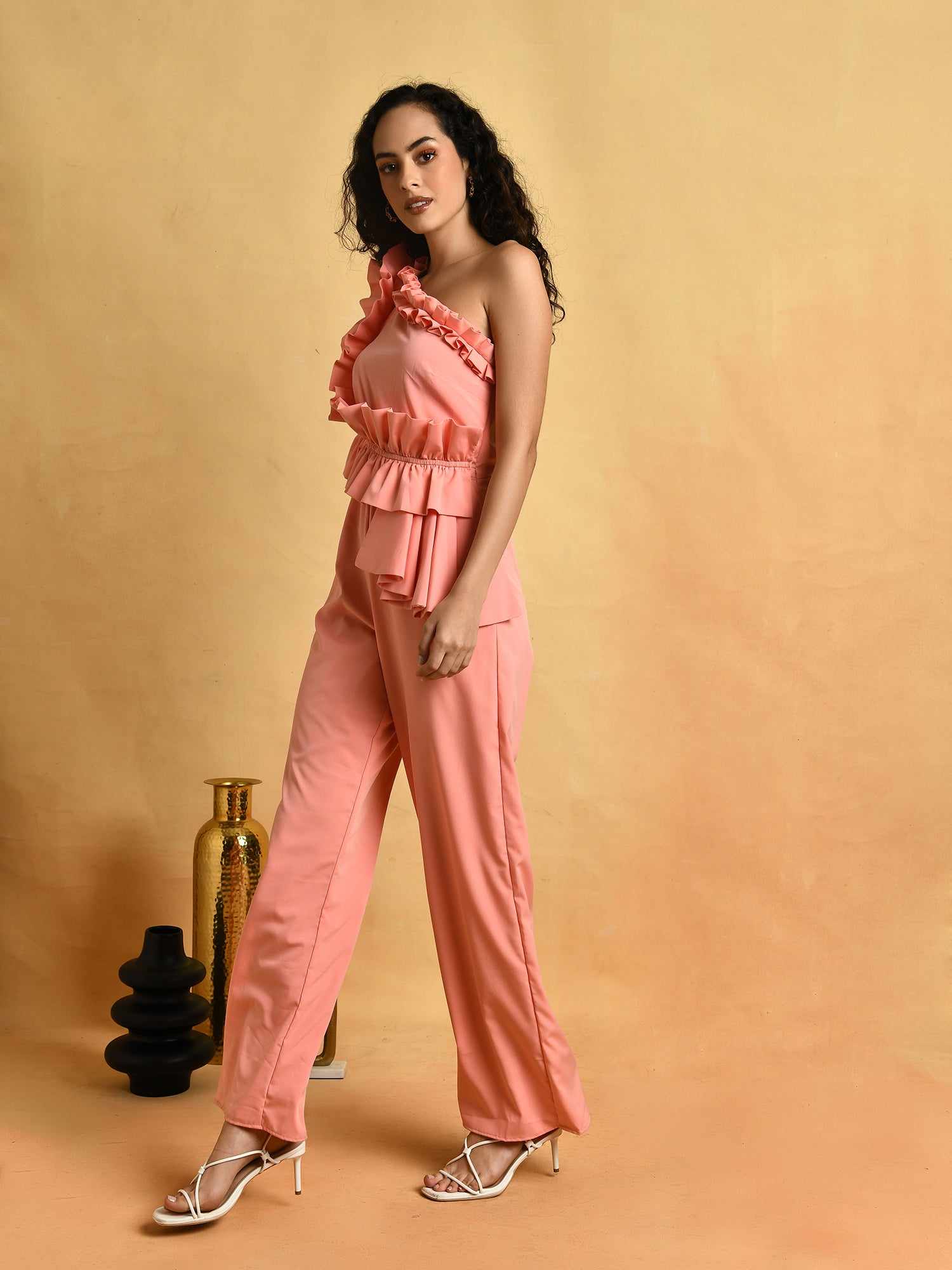 party mood on peach jumpsuit
