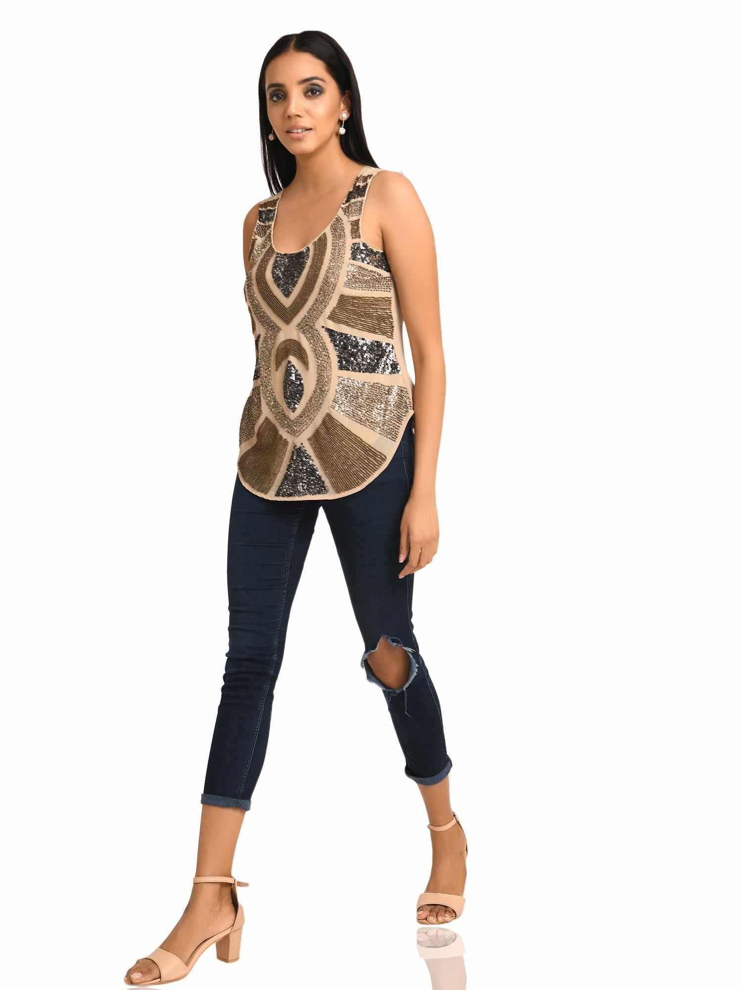 nude sleeveless abstract embroidery top