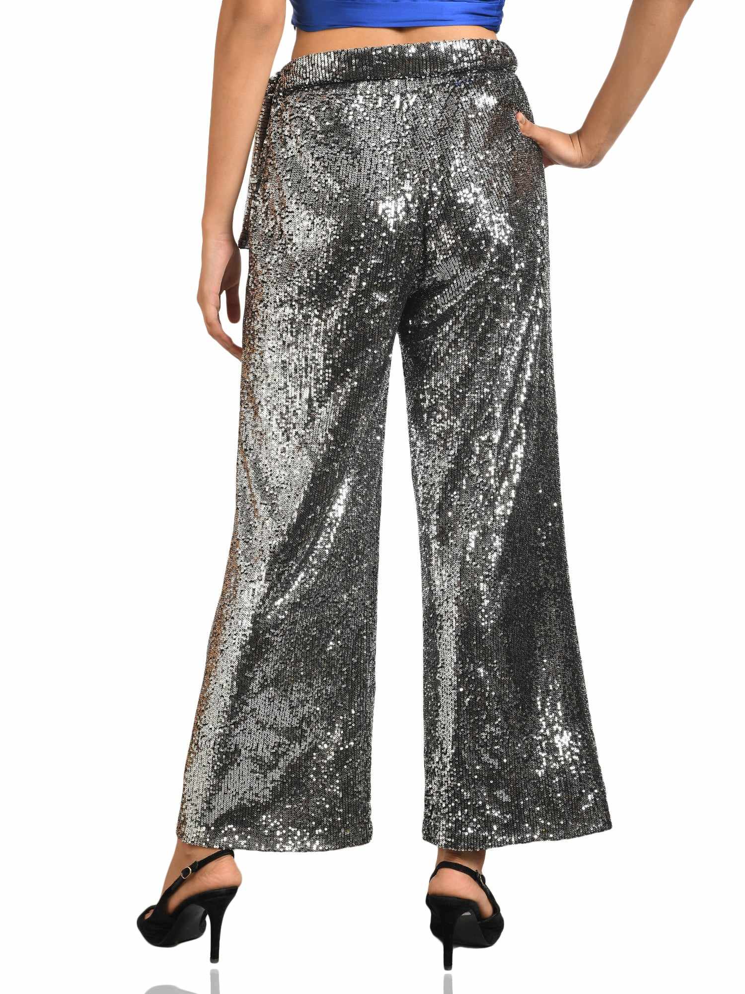 black sequined tulle high rise pants