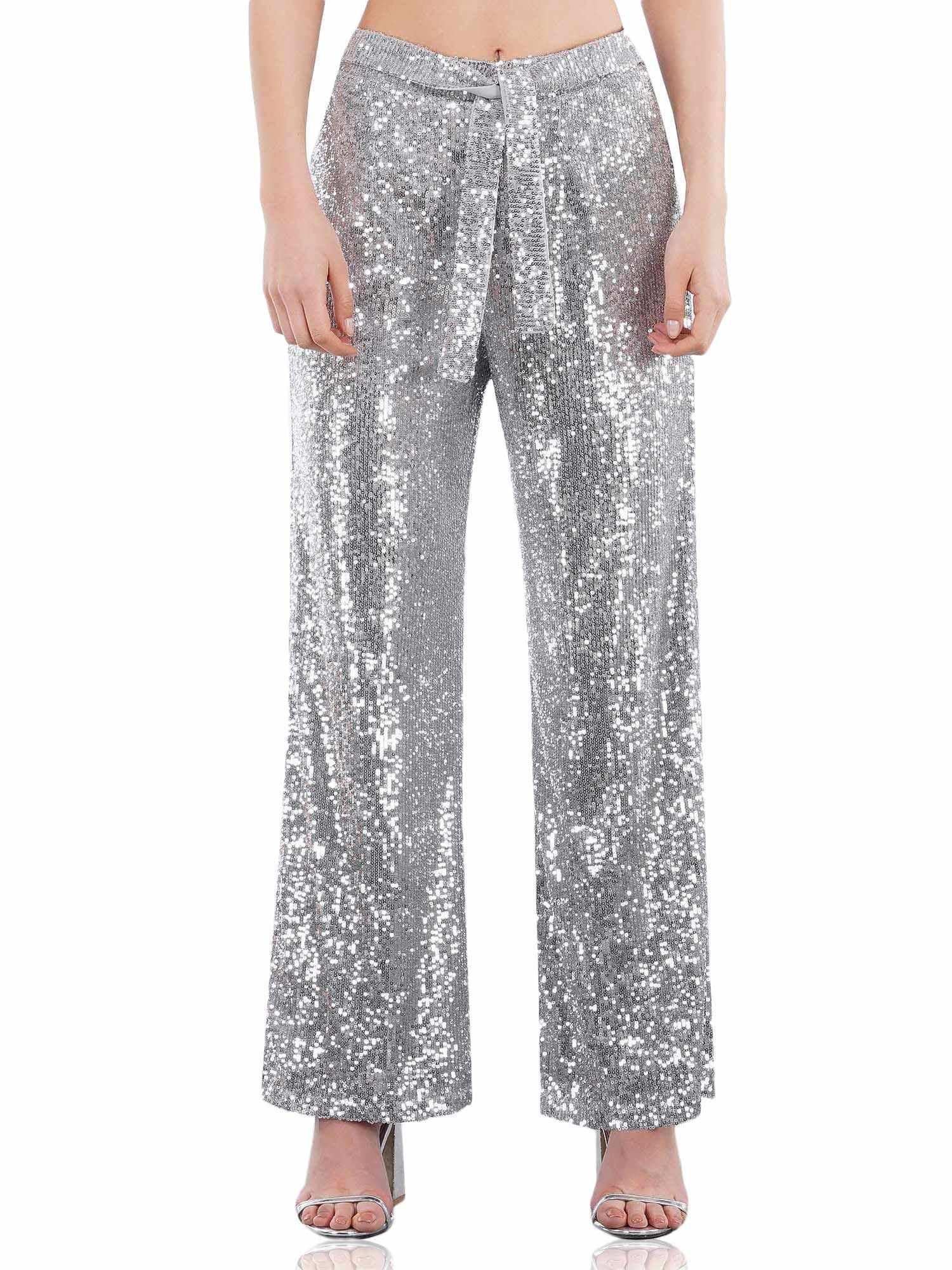 silver sequined tulle high rise pants