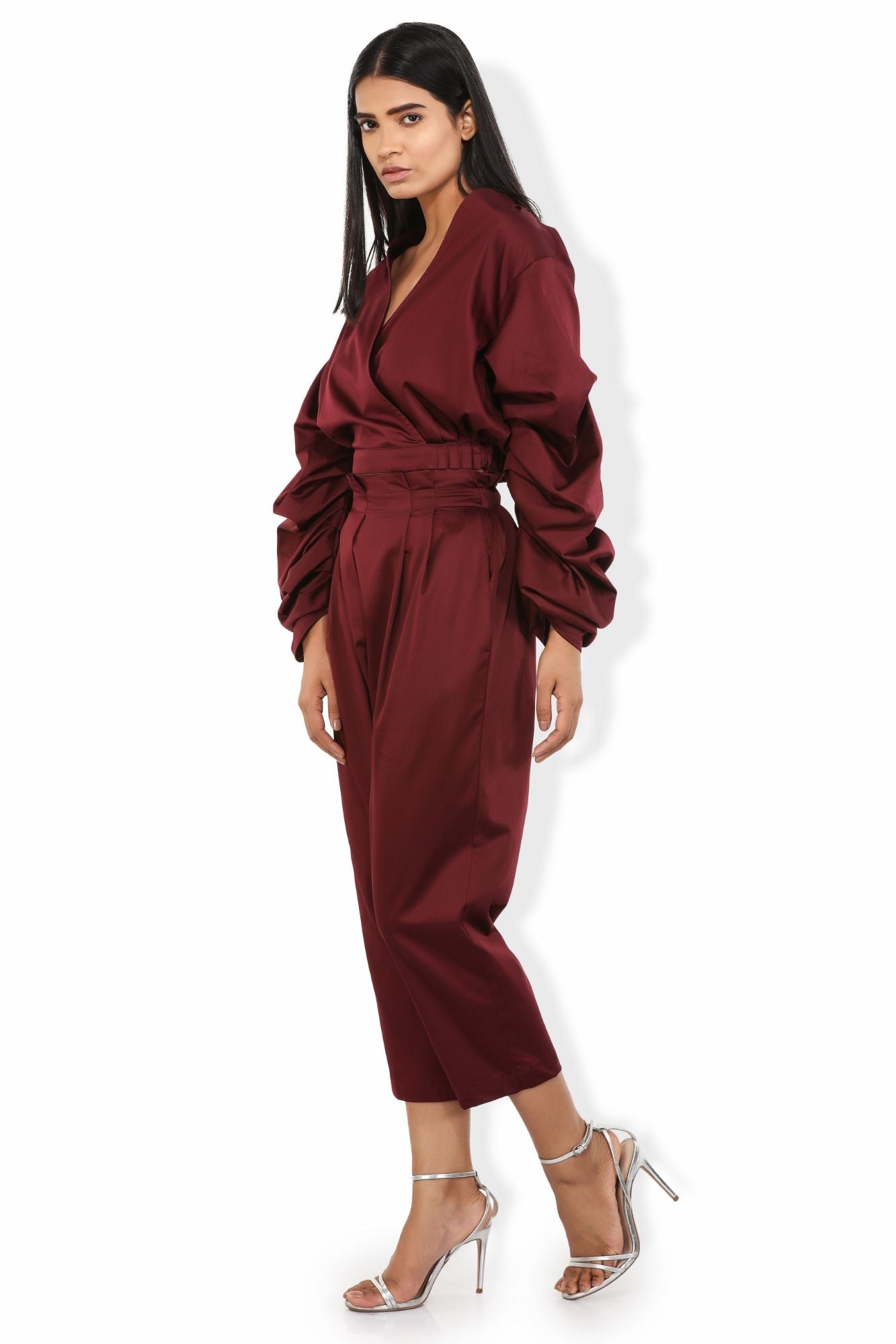 mohangony pleated waistline cotton satin blend crop pants