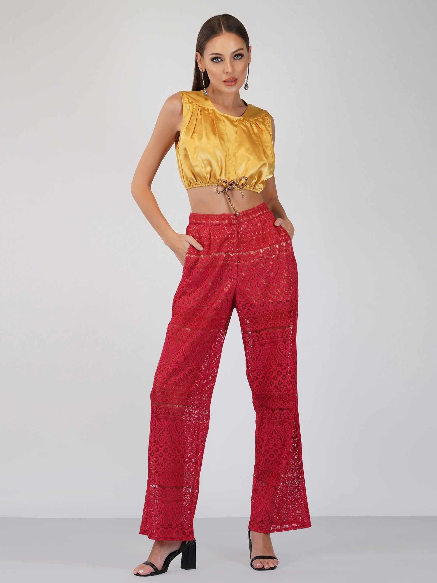 red lace wide leg pants