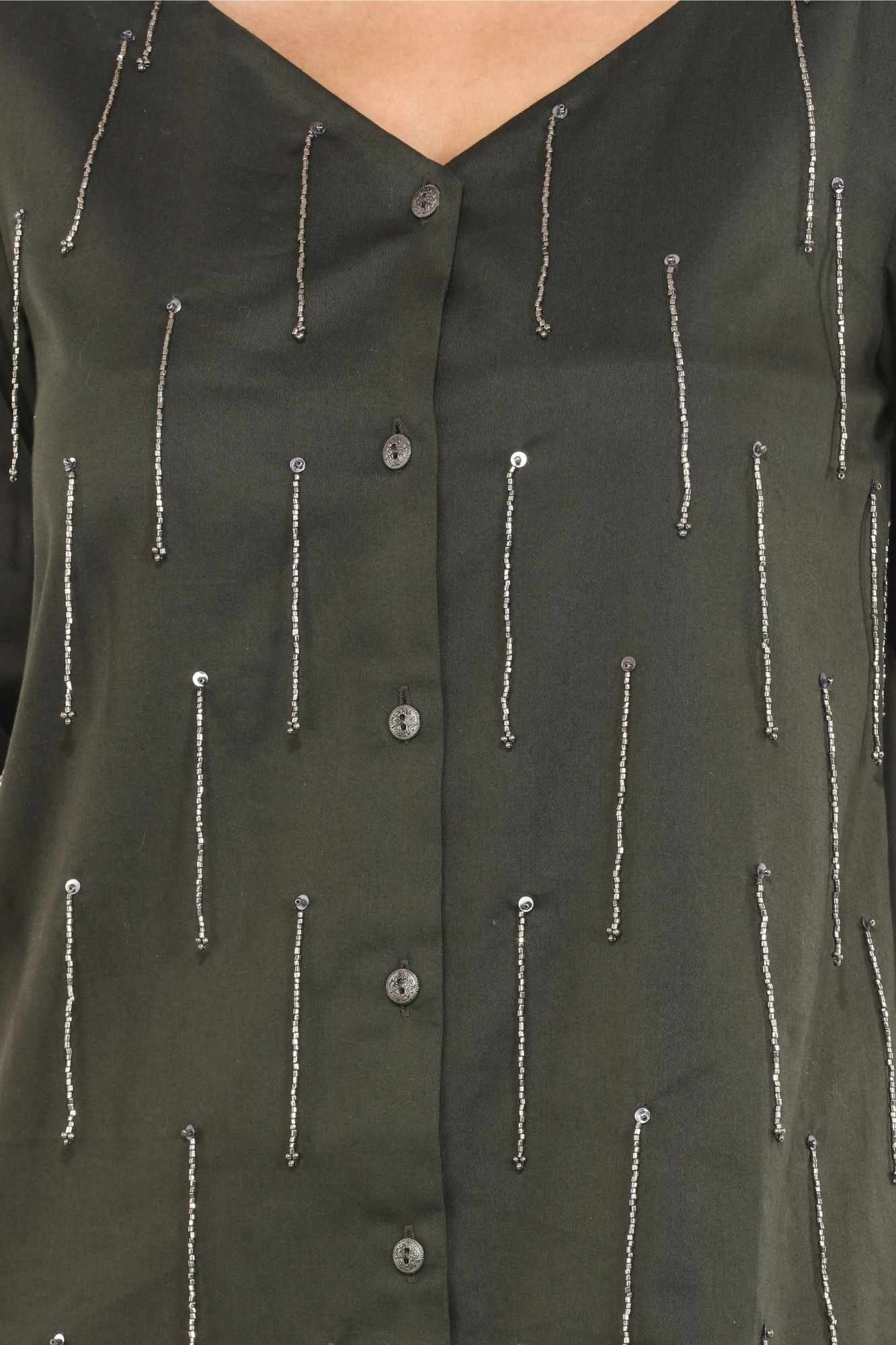 olivia fern green silver sequin tassels high low shirt dress