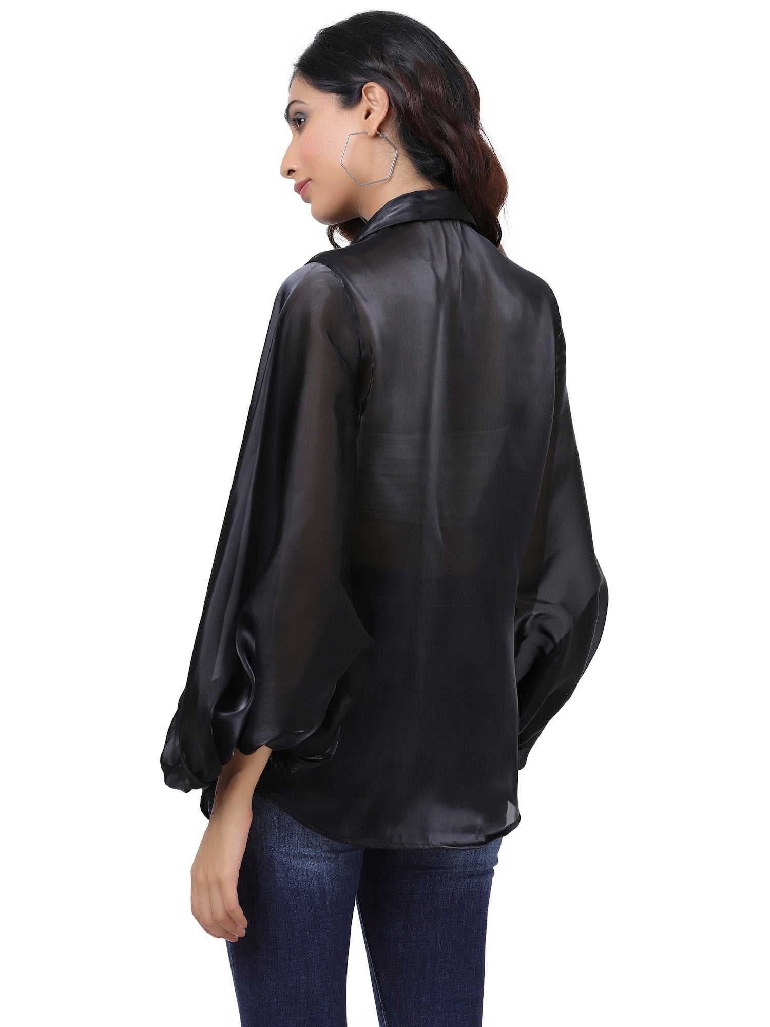 black billowy sleeved glass organza top
