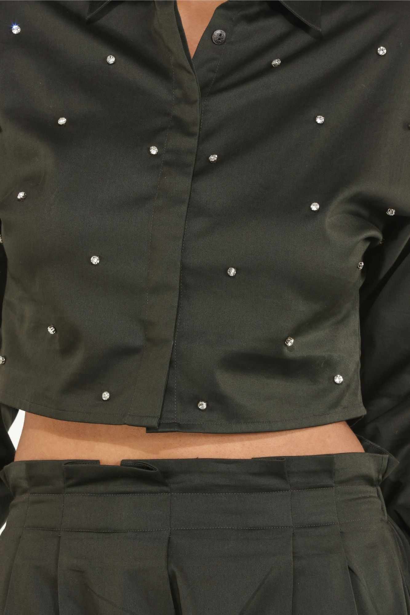 drop sleeves fern green crop shirt with silver crystals embellishments