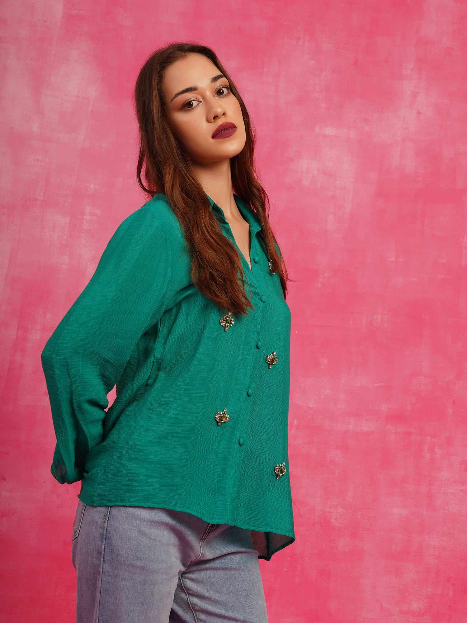 deluxe embellished green crystal shirt