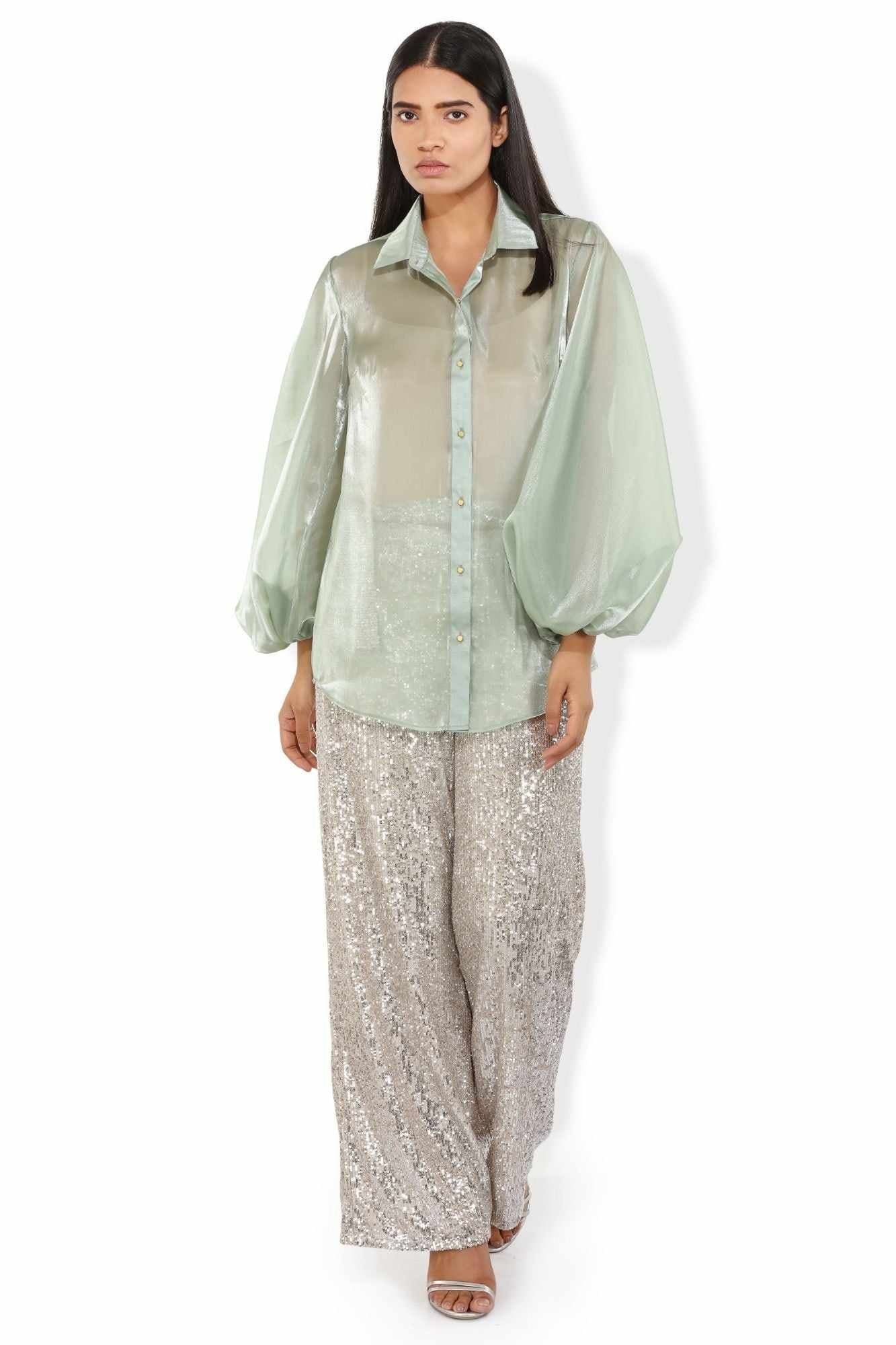lime green billowy sleeved glass organza shirt