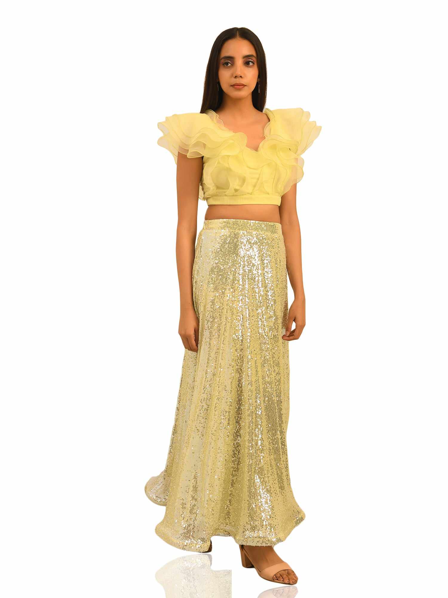 sequined tulle floor length lemon skirt