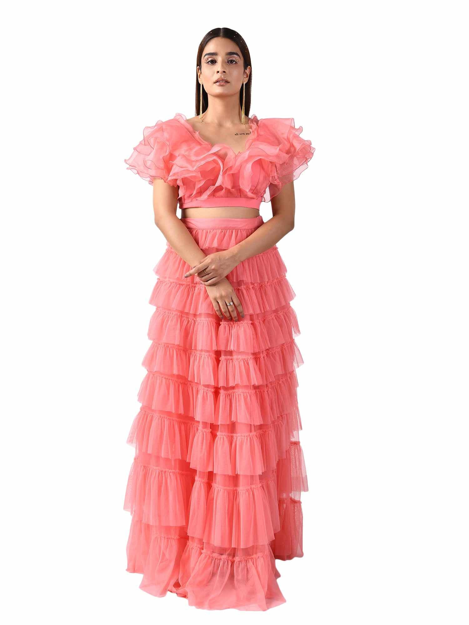 pink ruffles long skirt