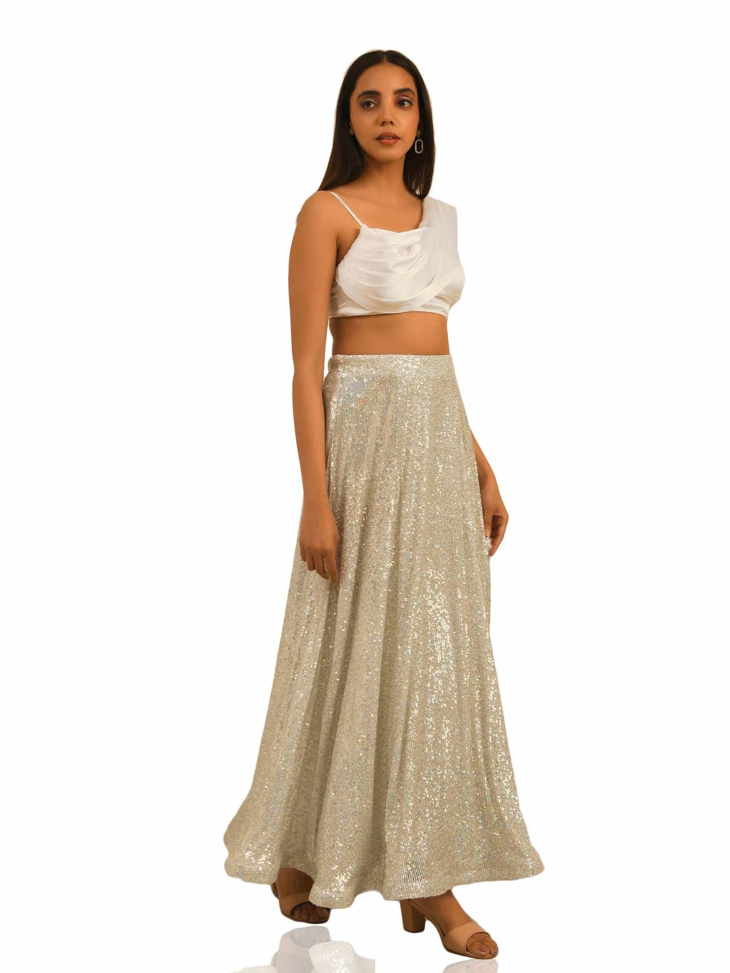 sequined tulle floor length white skirt