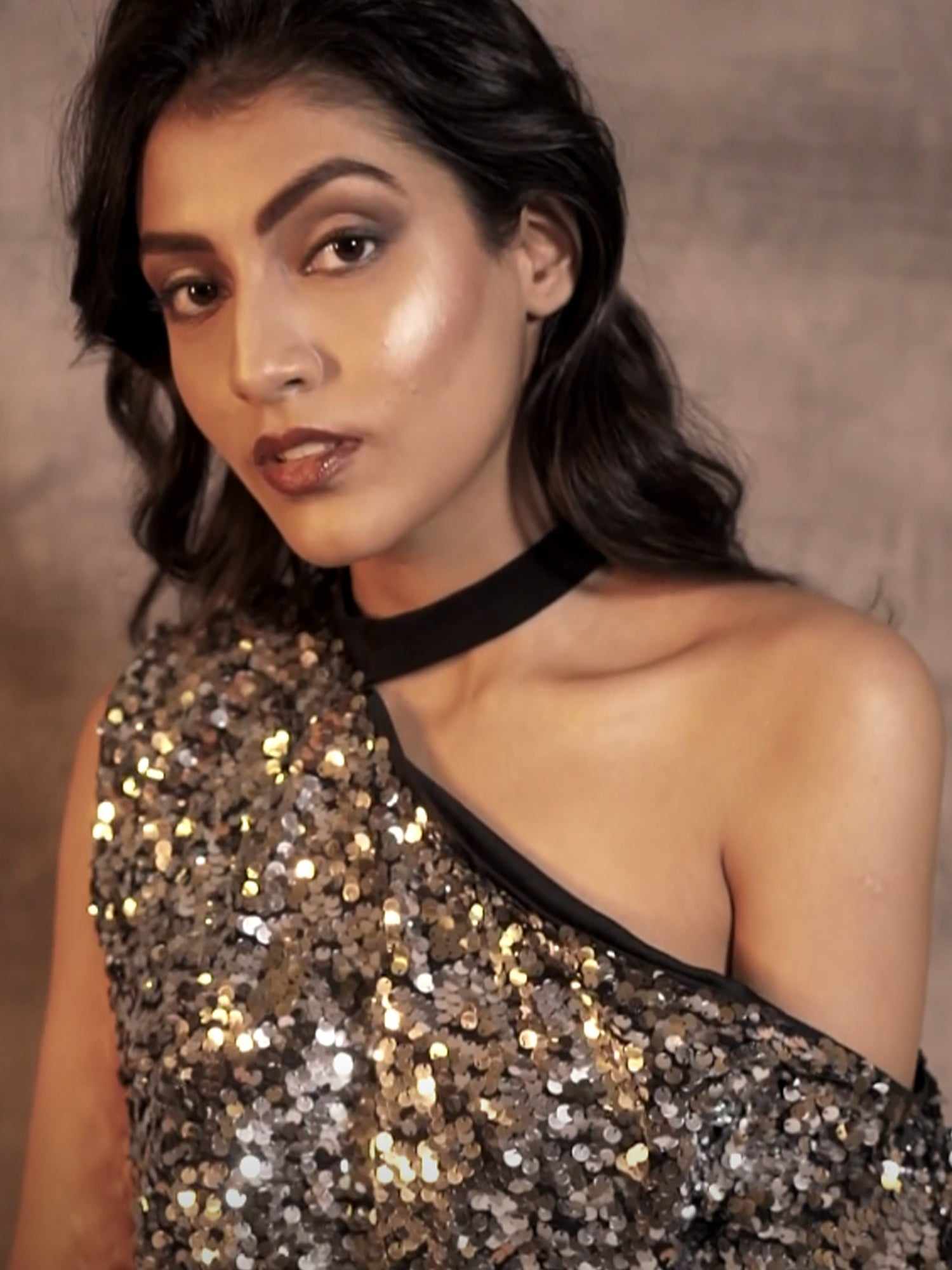 glittering cutout sequined tulle top