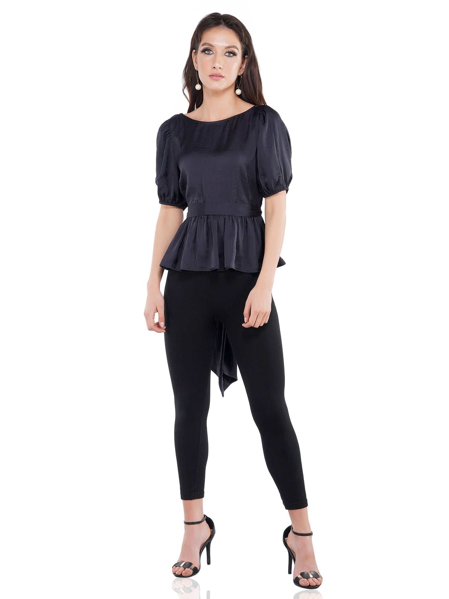 shine in black peplum wrapped blouse