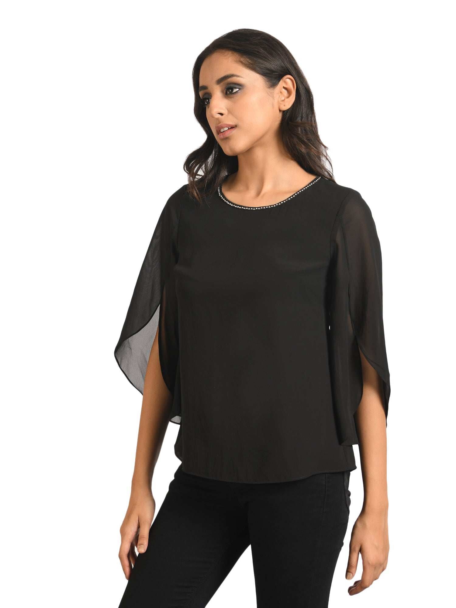 petal sleeve black top