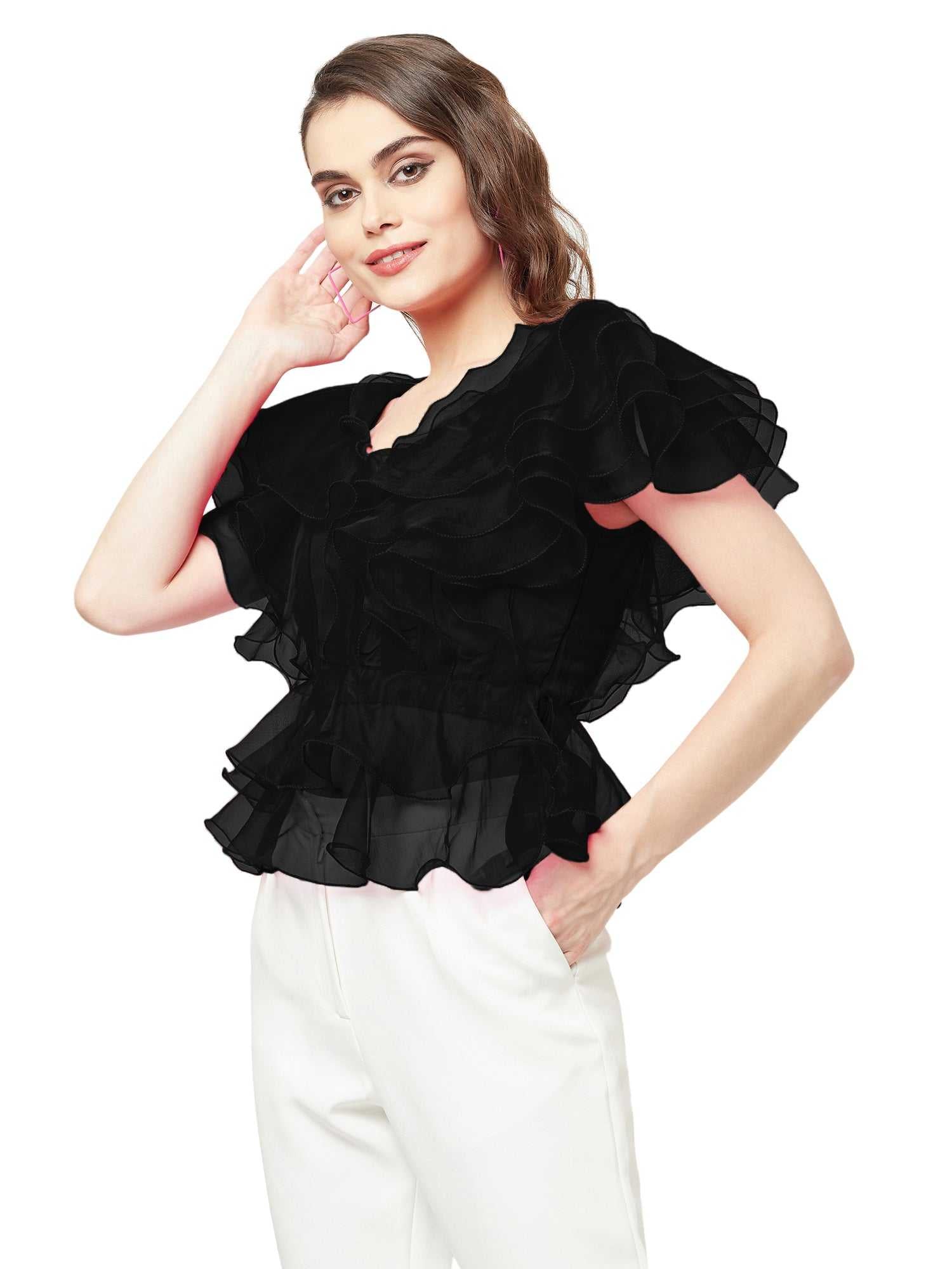 playfull ruffle hot black top