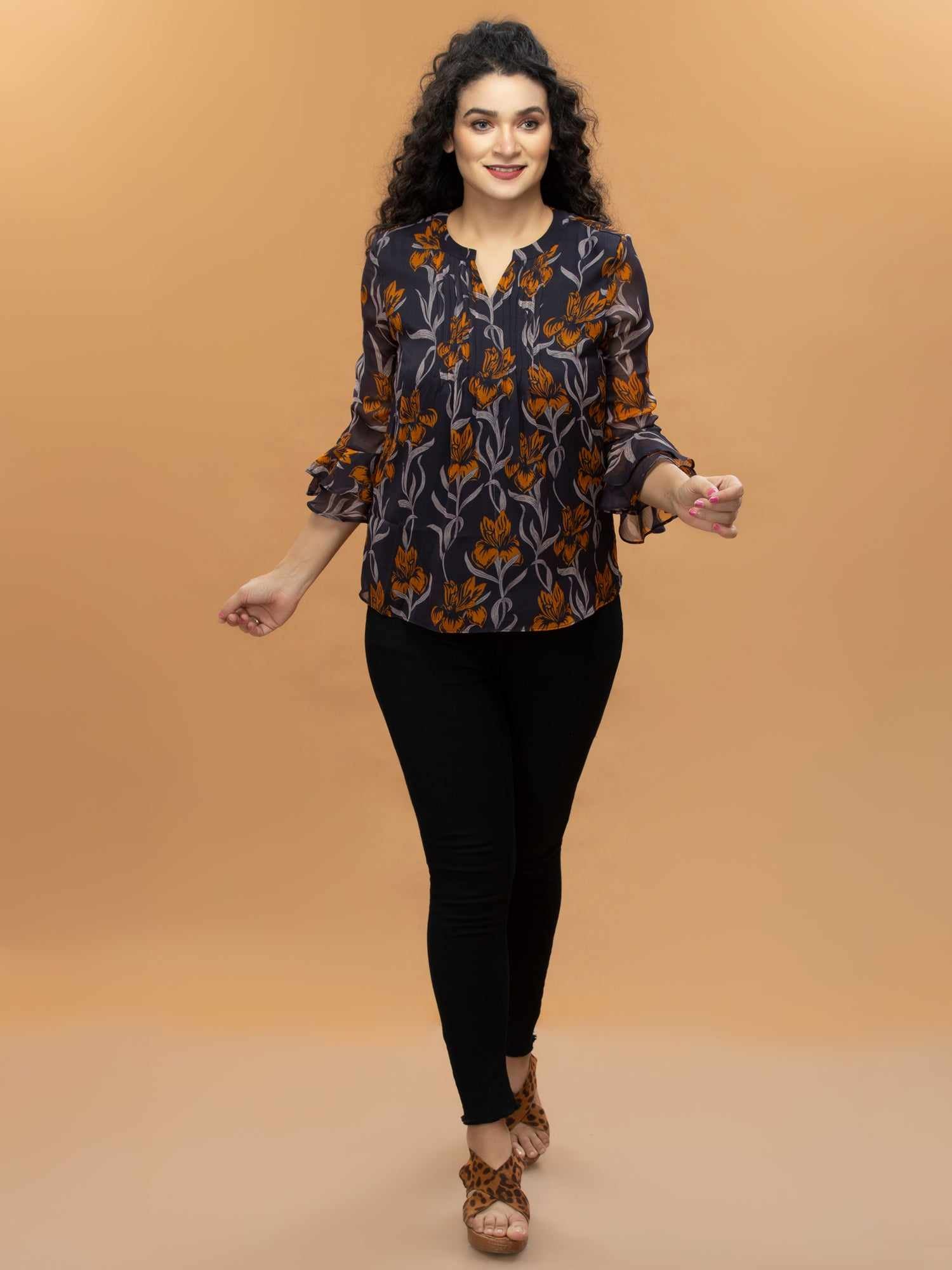 front pleated printed top
