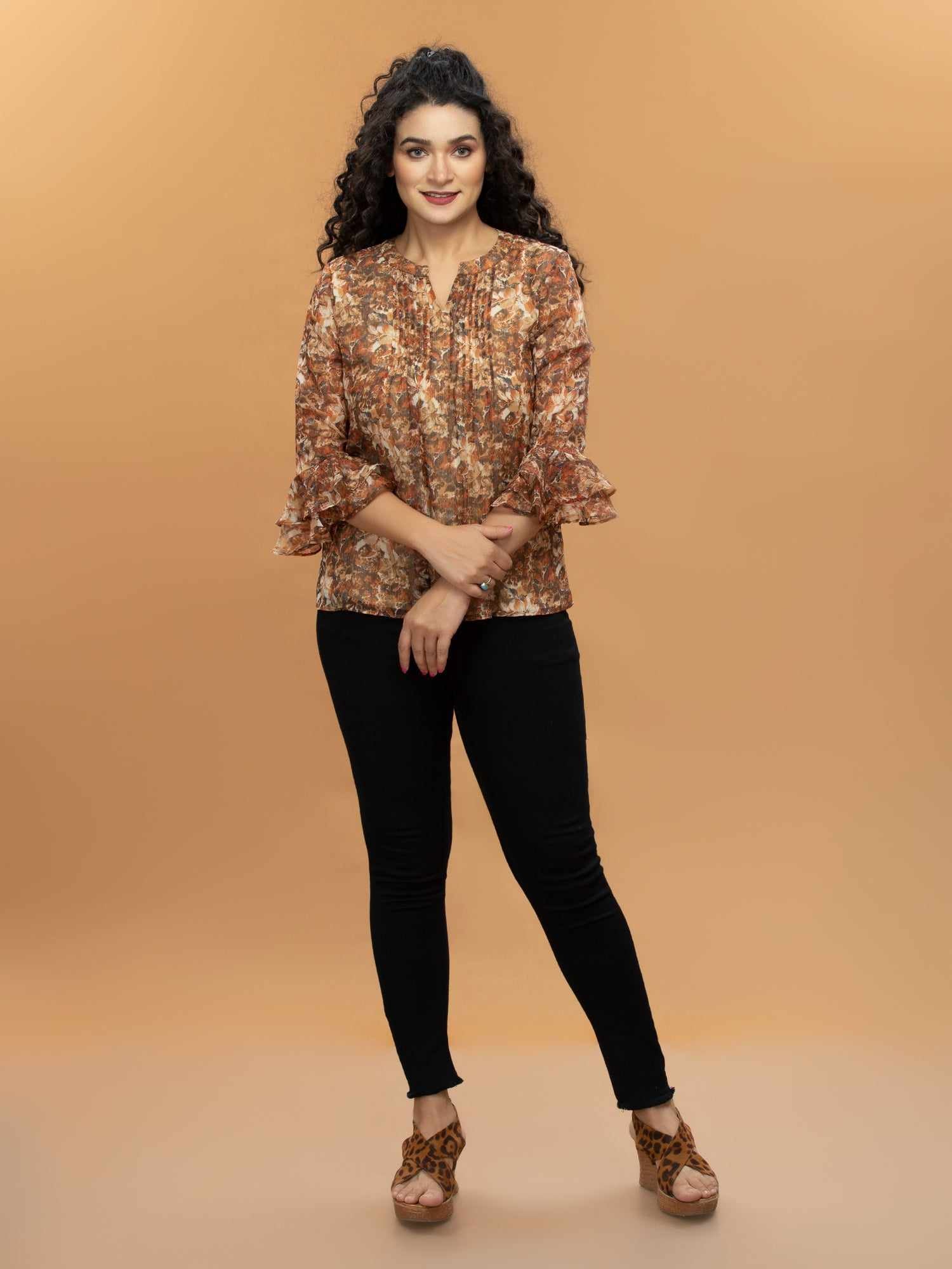front pleated printed top
