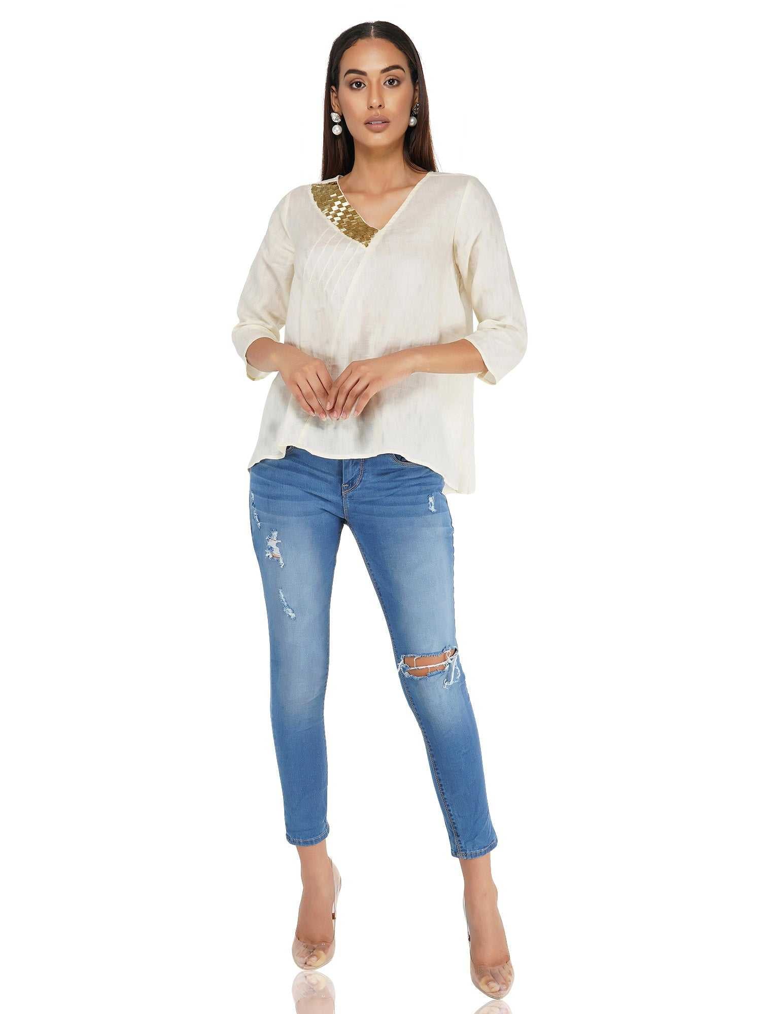 bugle beaded neck linen top