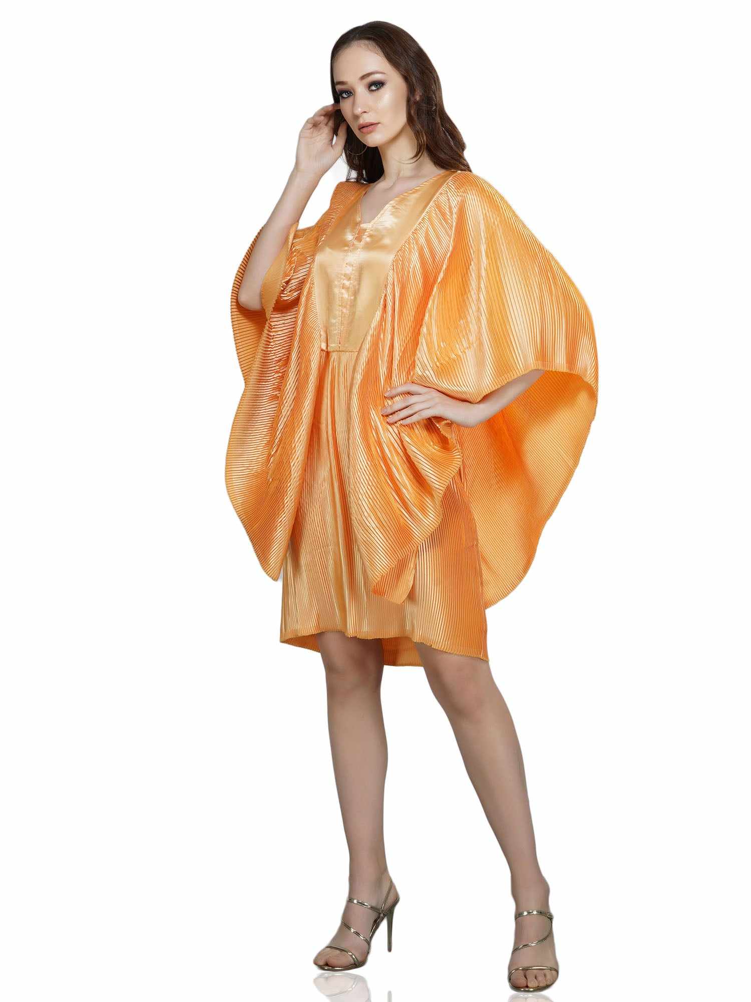 flutter sleeve pleated satin dress