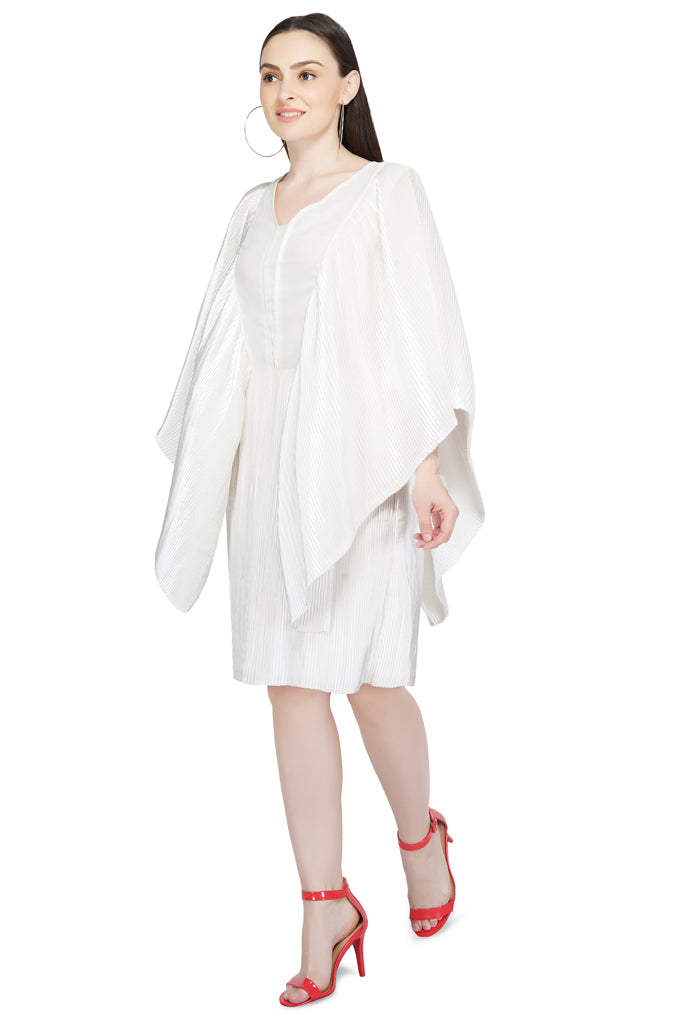 flutter sleeve pleated white satin dress