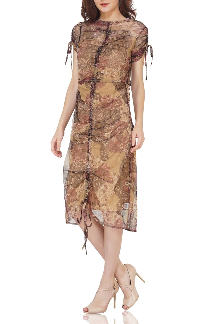 printed tulle dress with beige slip