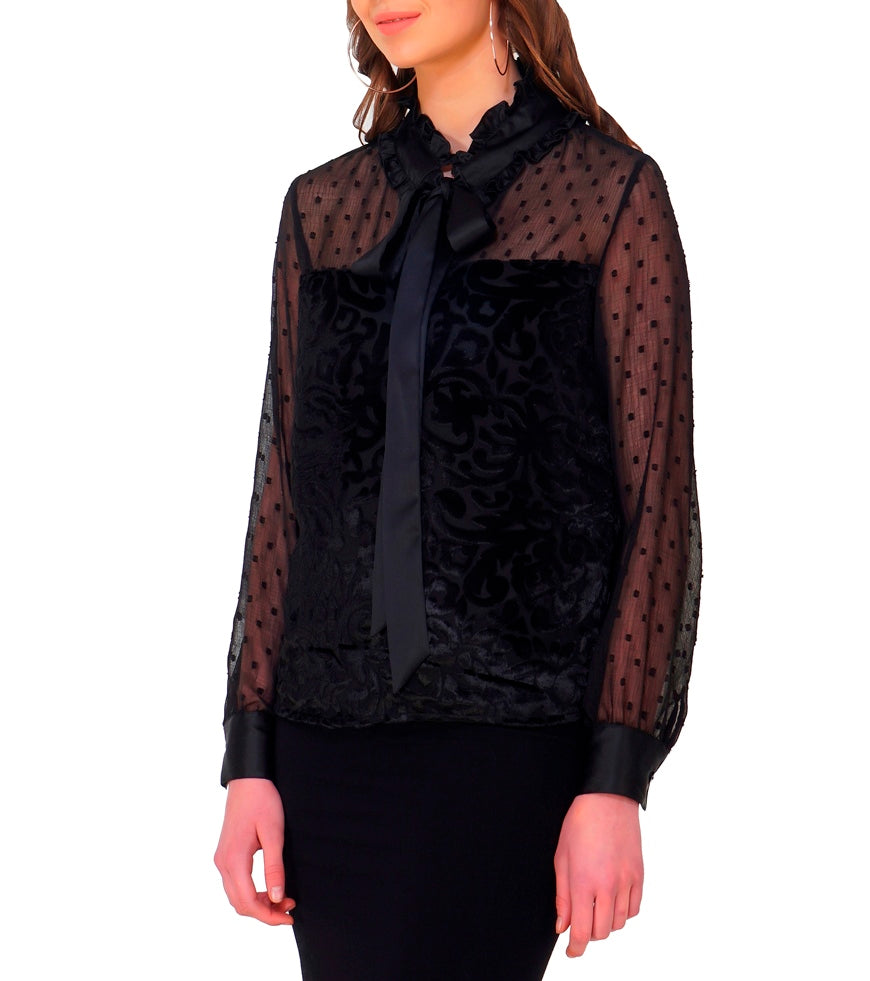 burnout velvet polka dot tulle pussy bow tie top