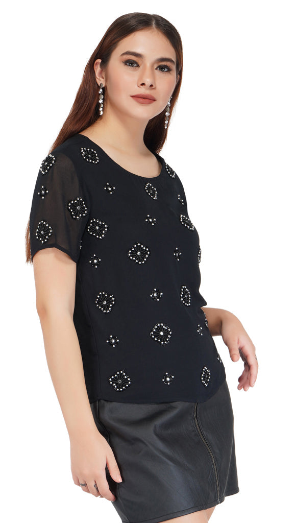 black half sleeve top with embroidery