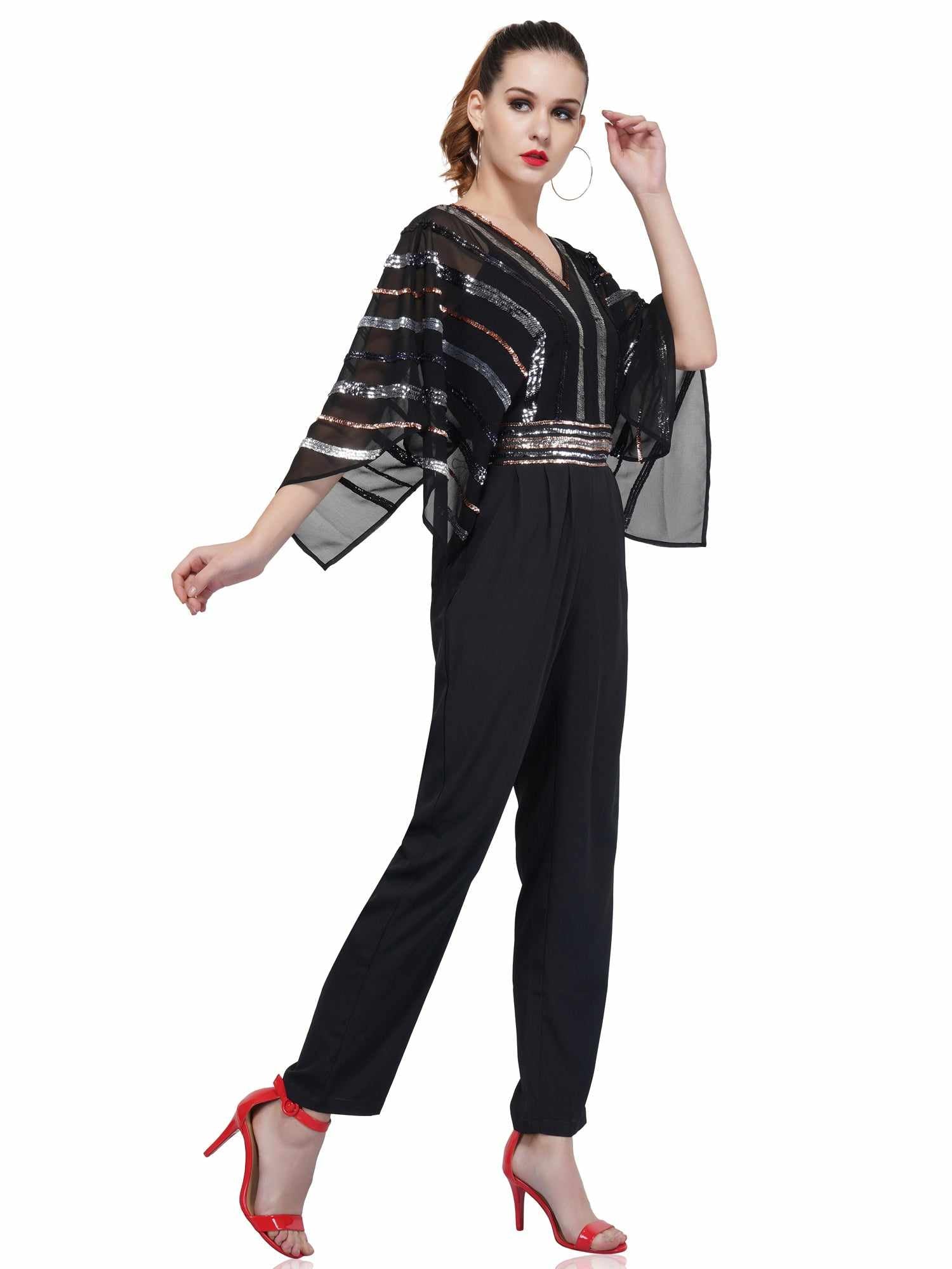 flutter sleeve rainbow sequin jumpsuit