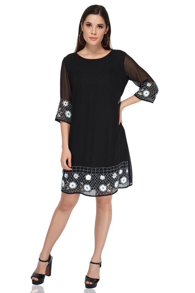 border embellished black dress