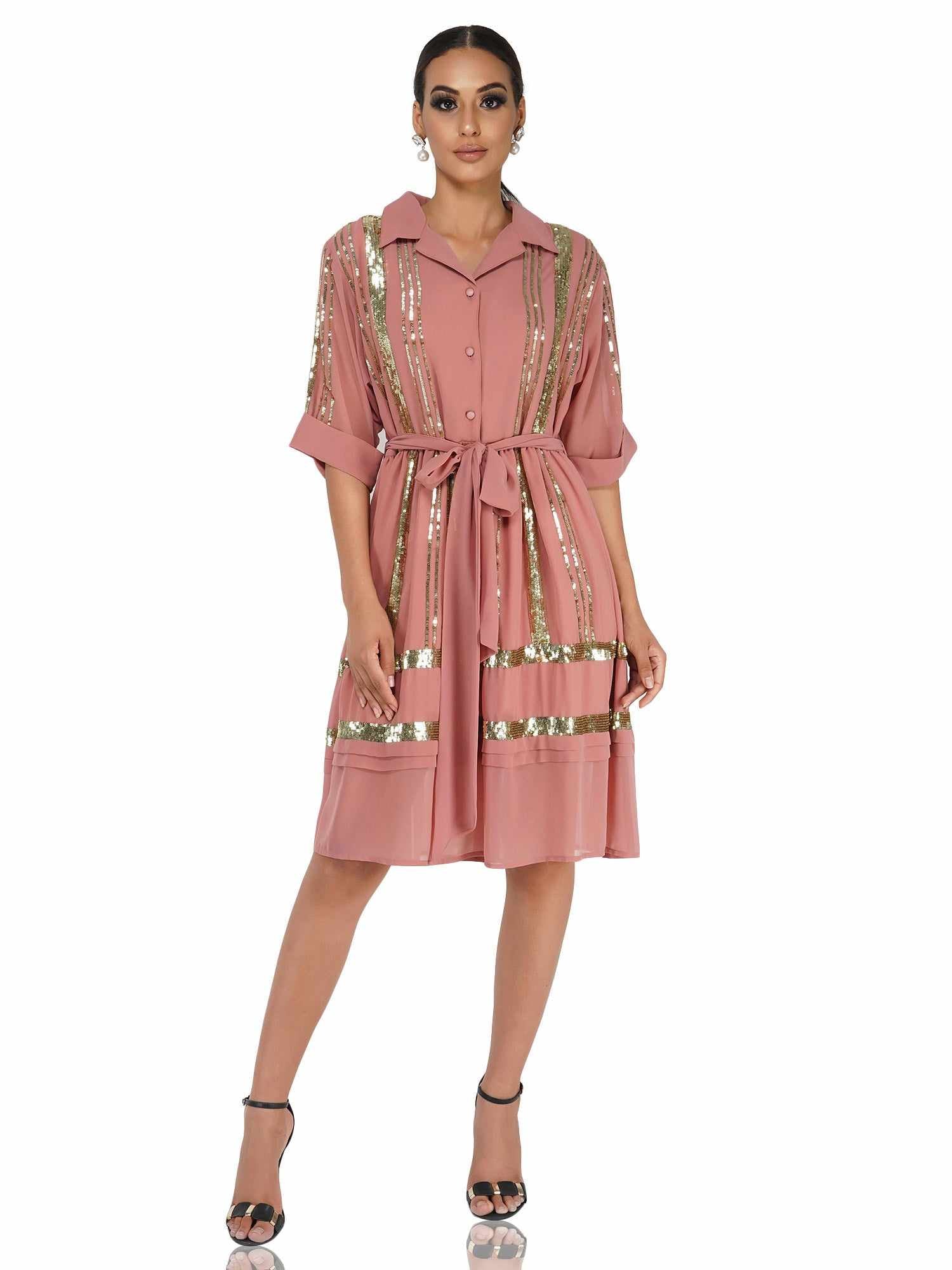 sequined mock shirt dress