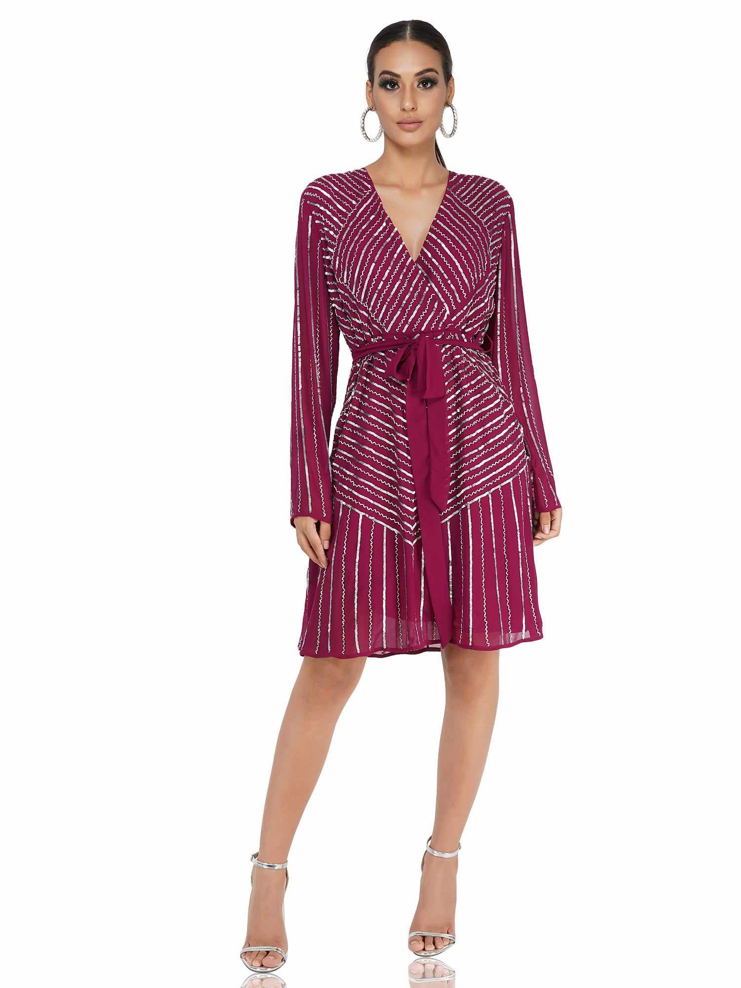 silver beaded purple dress with tie