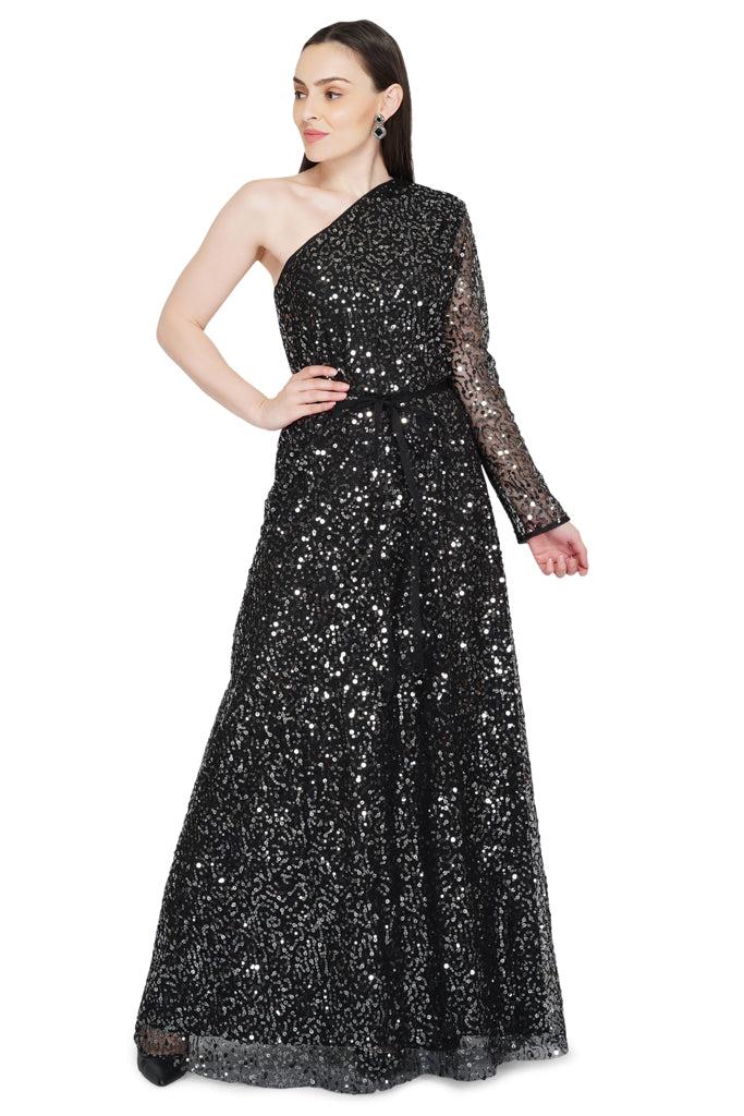 off shoulder black sequin gown