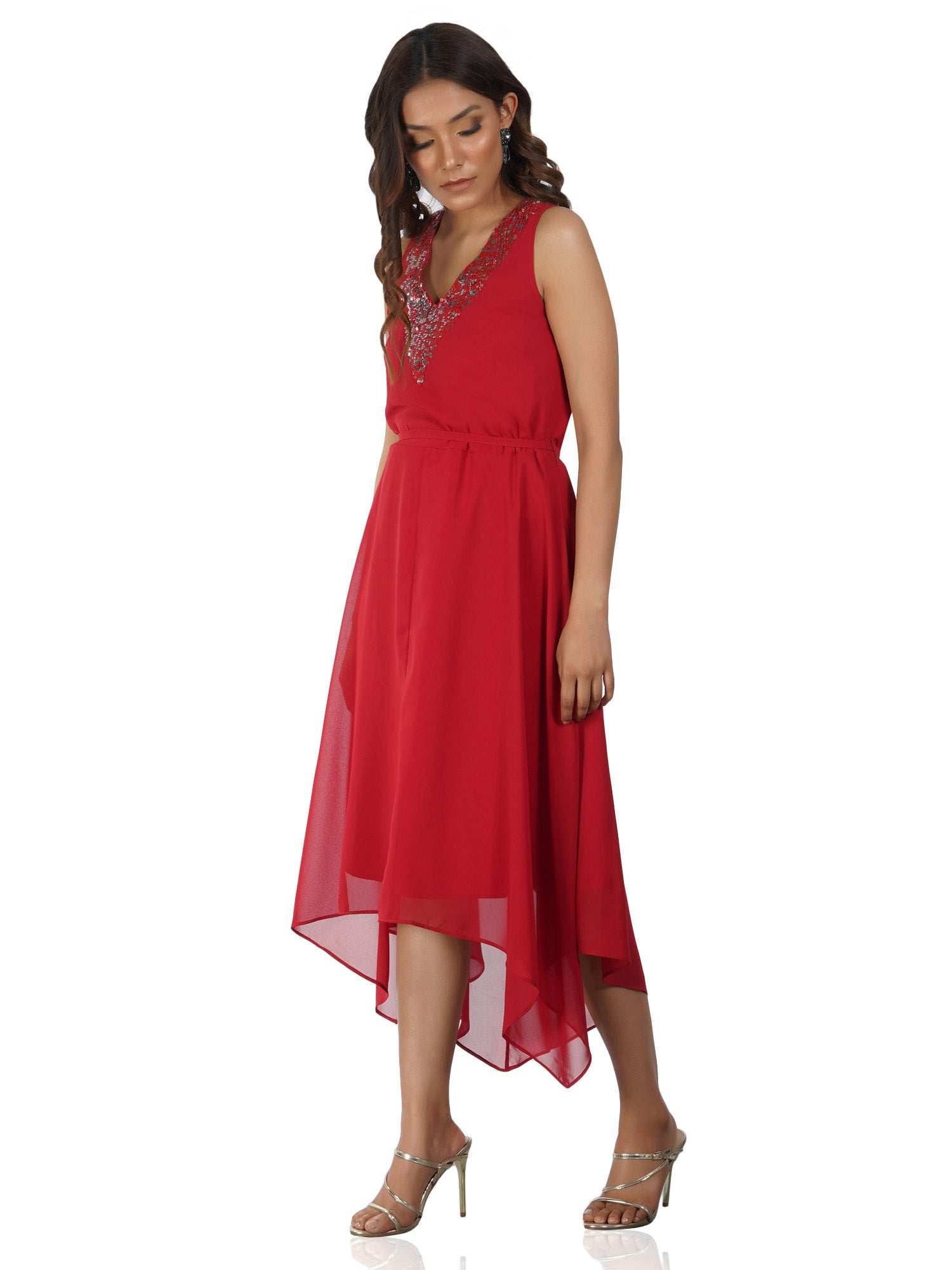 red silver sequins embellished dress