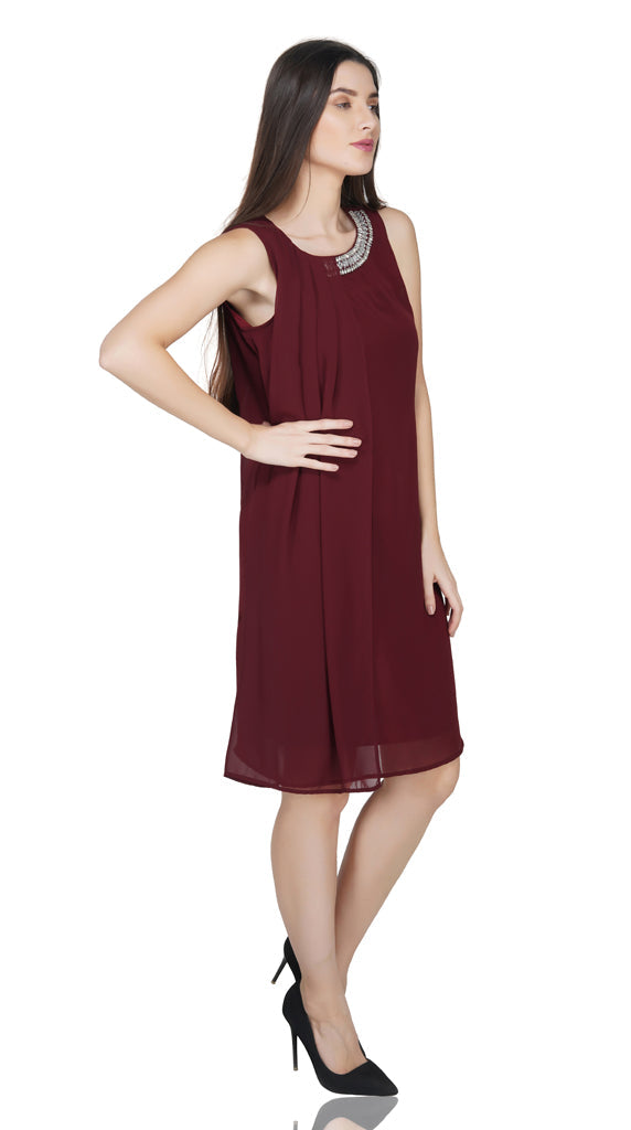 mirror neck pleated panel dress