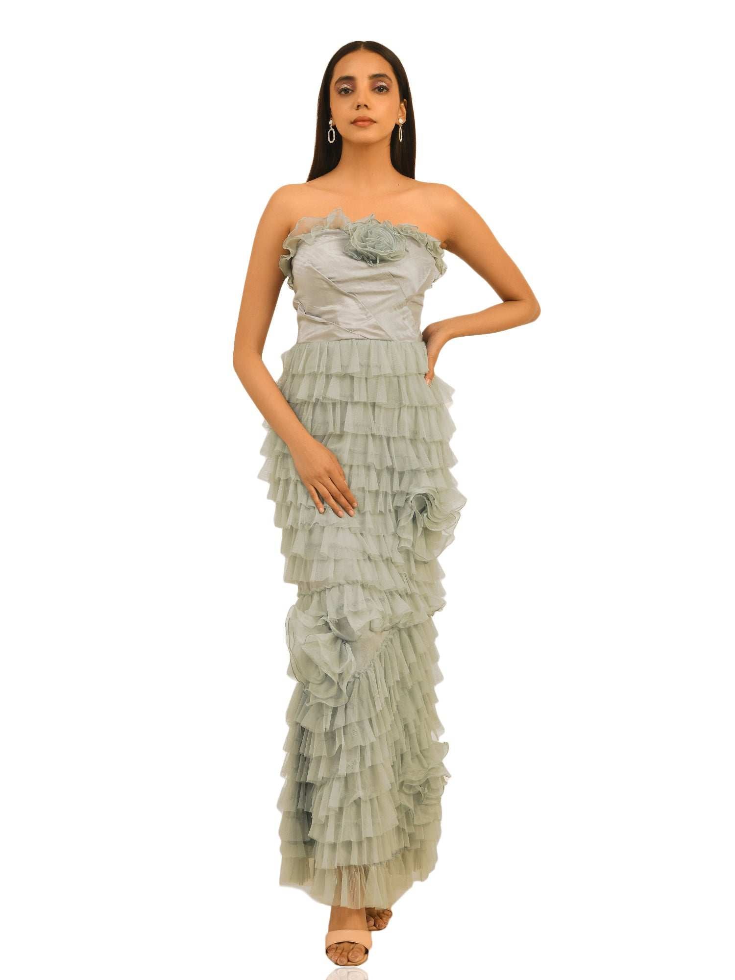 prom night ruffled grey gown