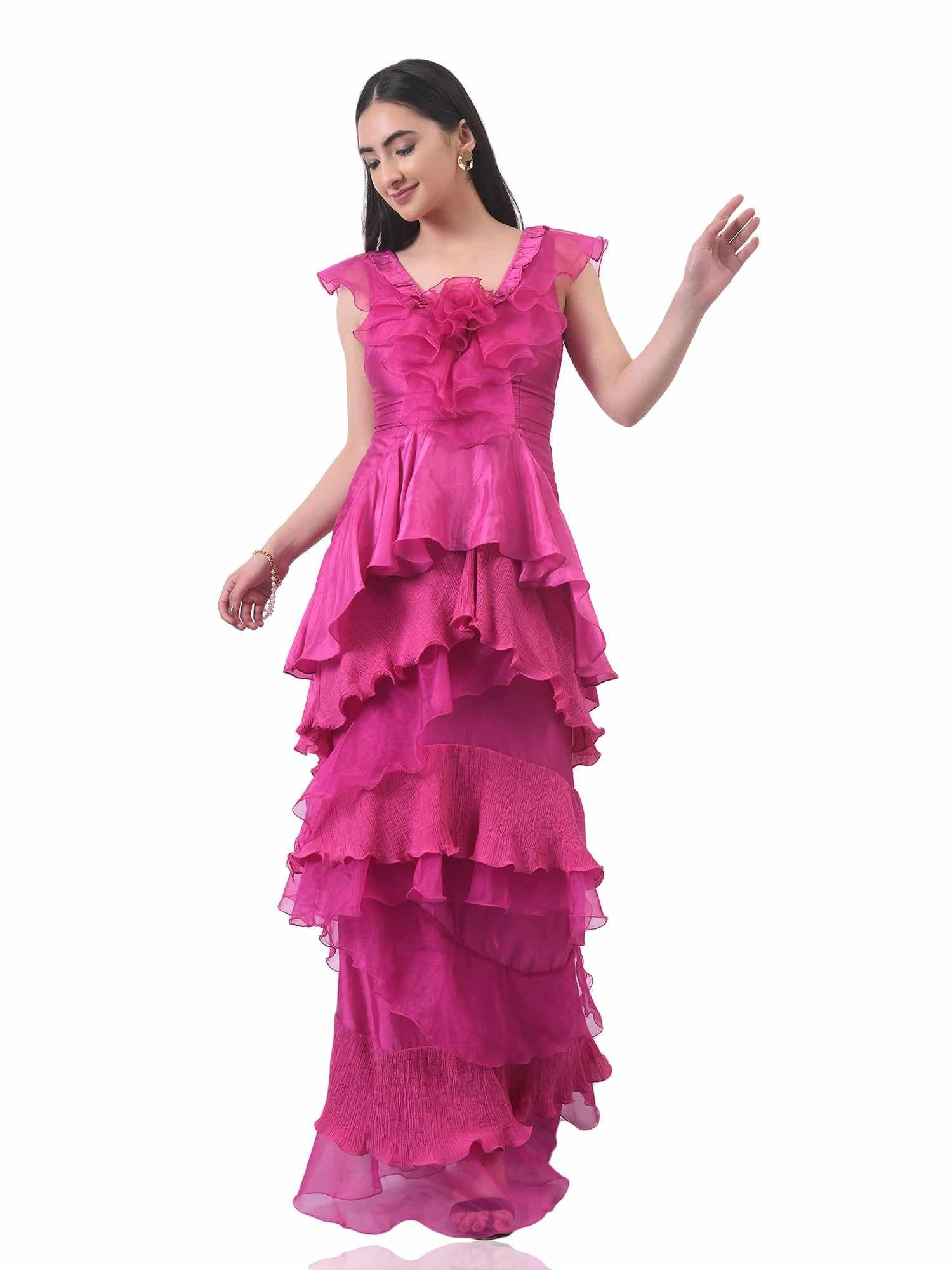 fushcia pink tier gown