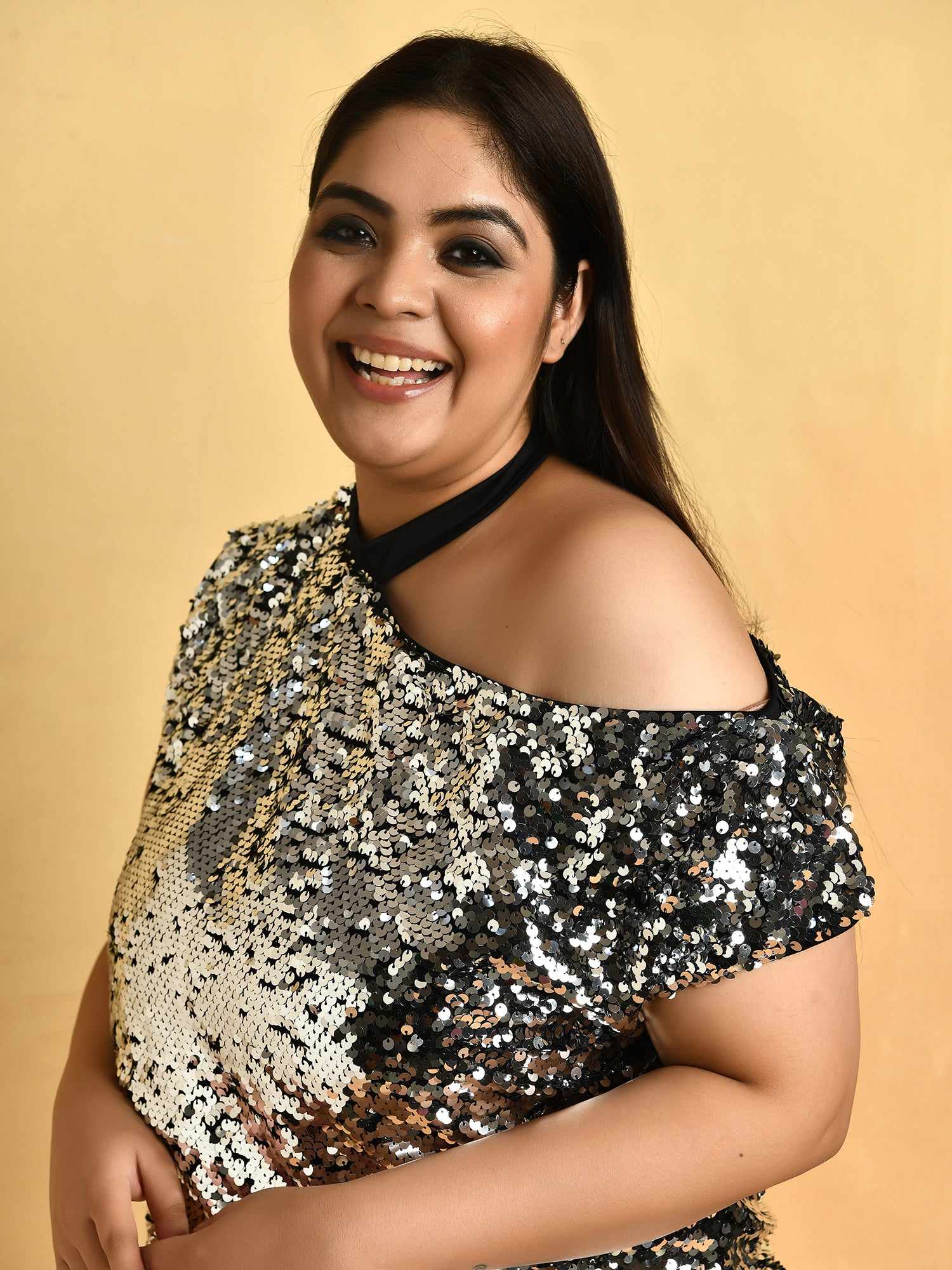 attic curves glittering cutout sequined tulle top