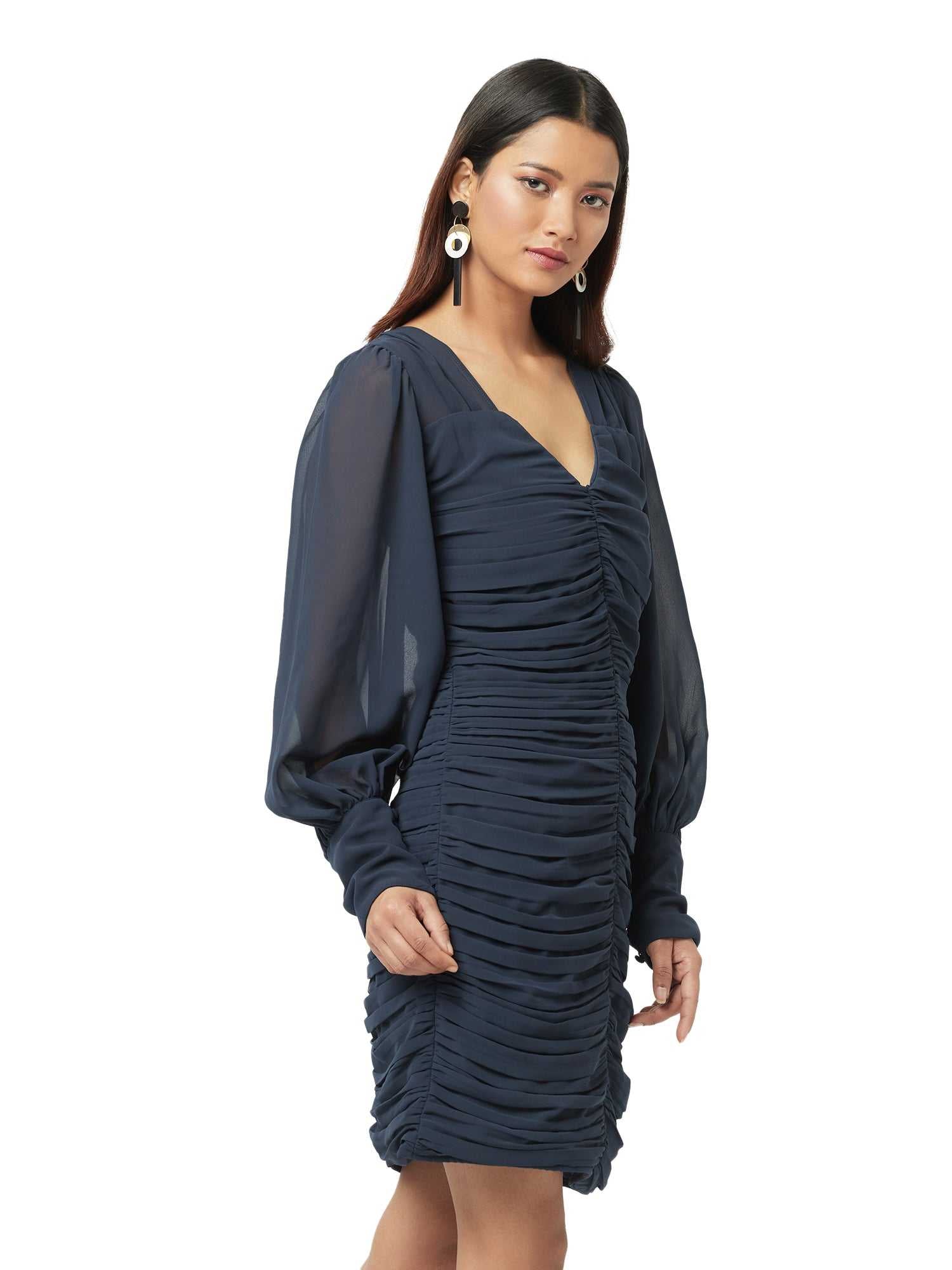 blue ruched mini dress