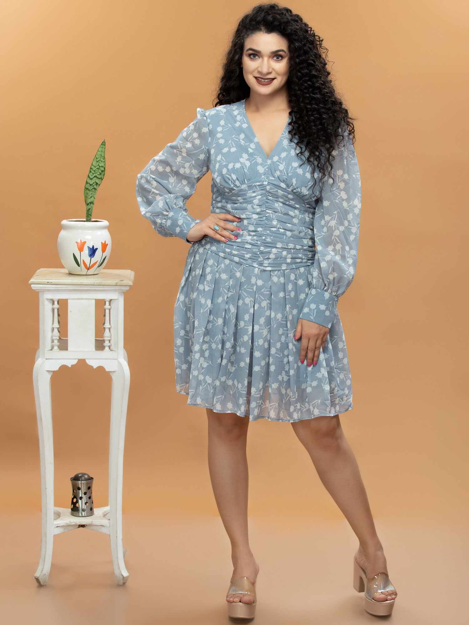 printed blue polka dots mesh dress